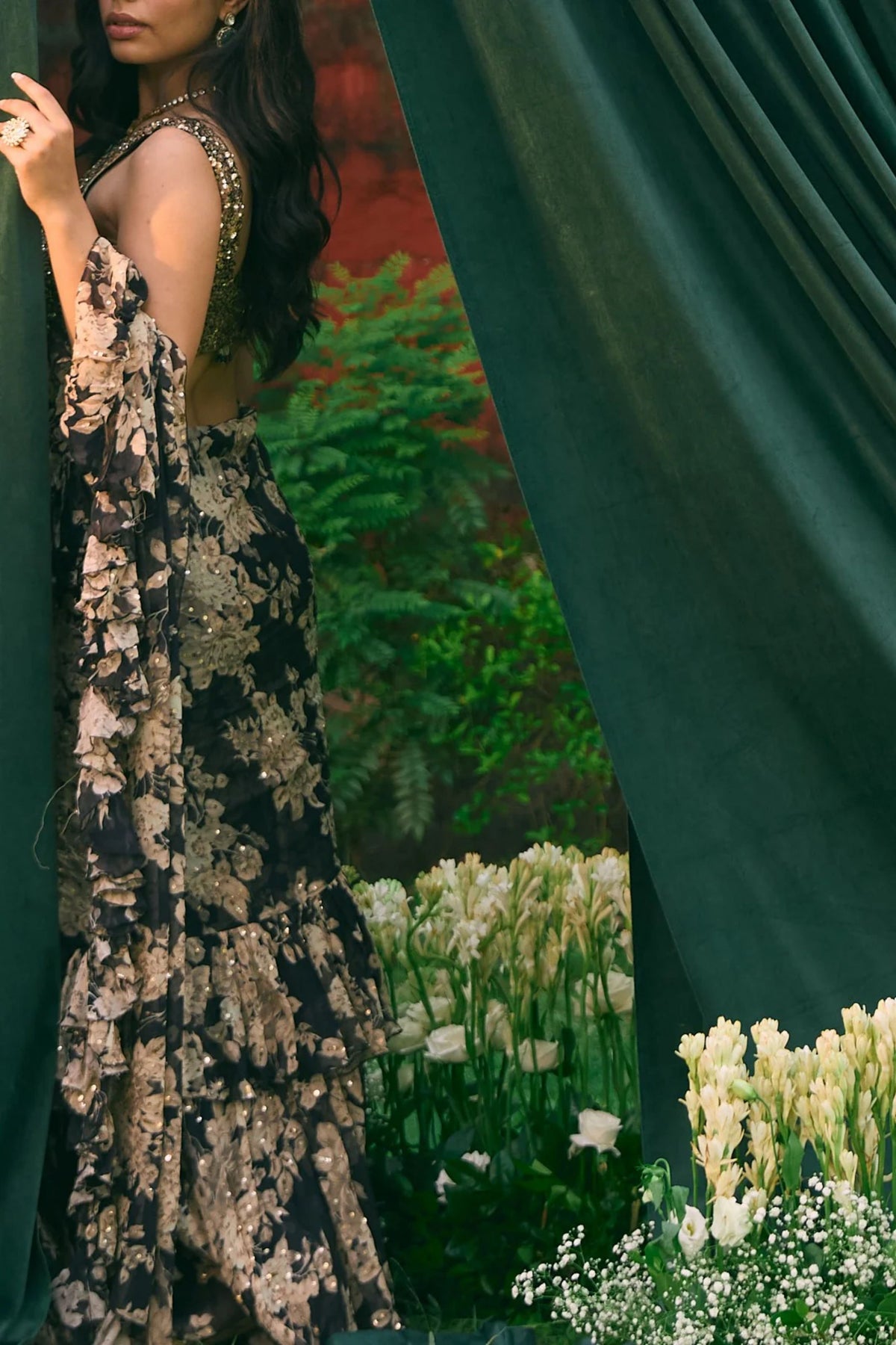 Black Chiffon Floral Frill Saree