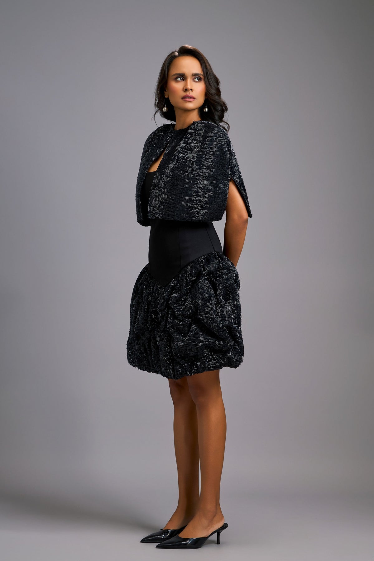 Shimmer Embroidered Black Cape Dress