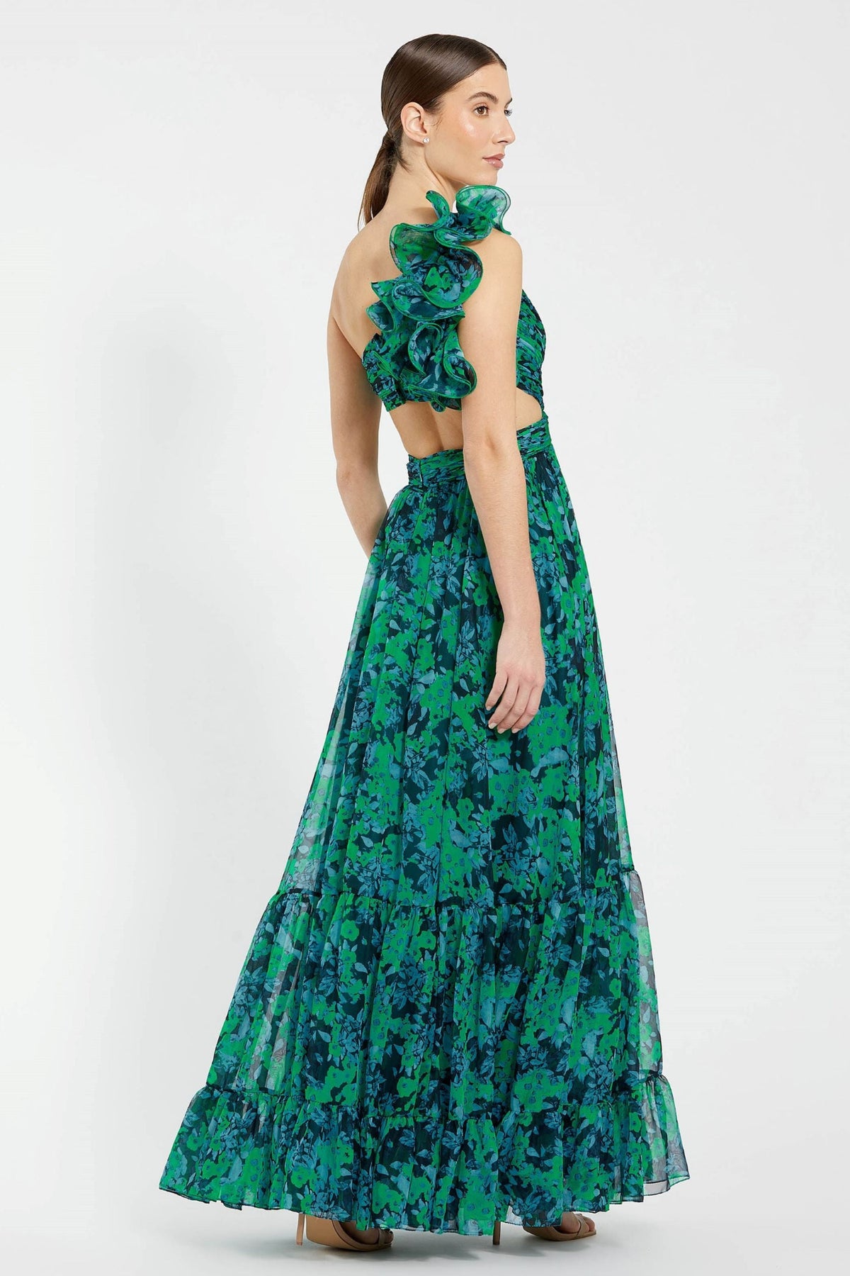 Green One Shoulder Ruffle Gown