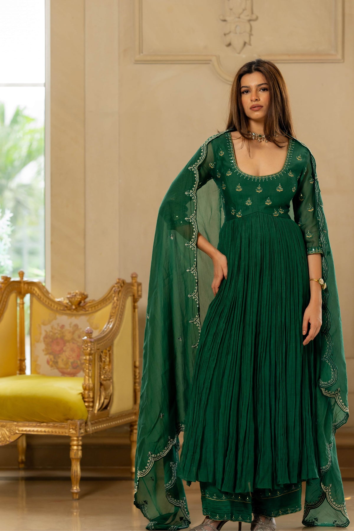 Emerald Green Mallie Chanderi Anarakli Set