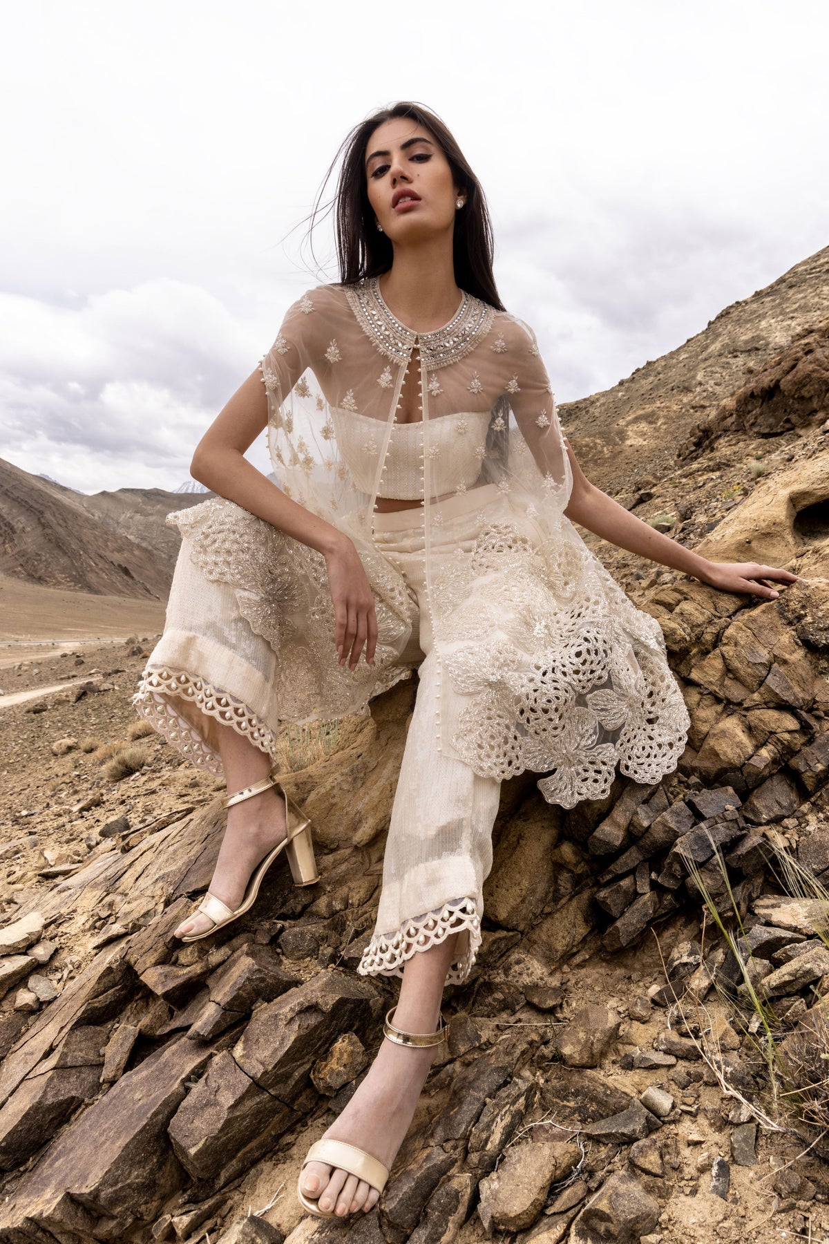 Ivory Sequins Cape Set