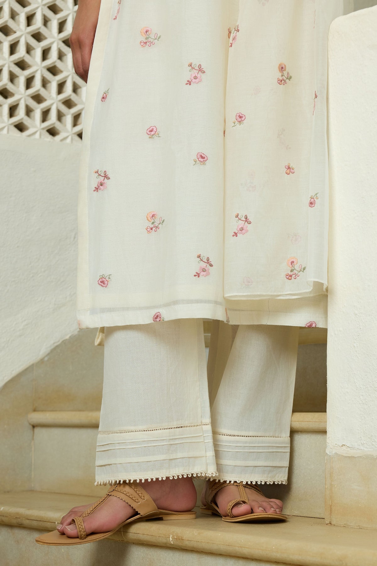 Ivory Floral Embroidered Kurta Set