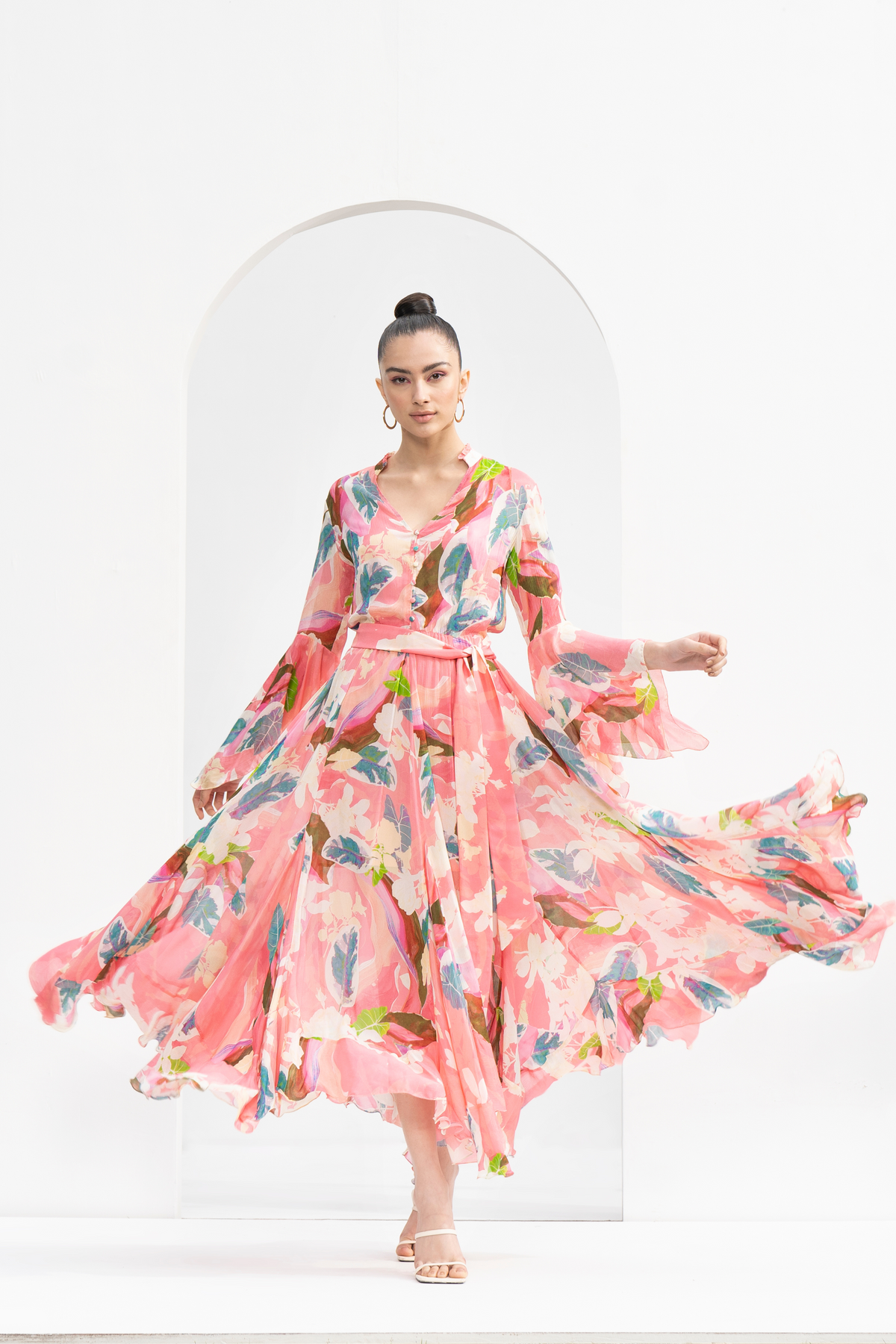 Peach Tropical Printed Chiffon Dress