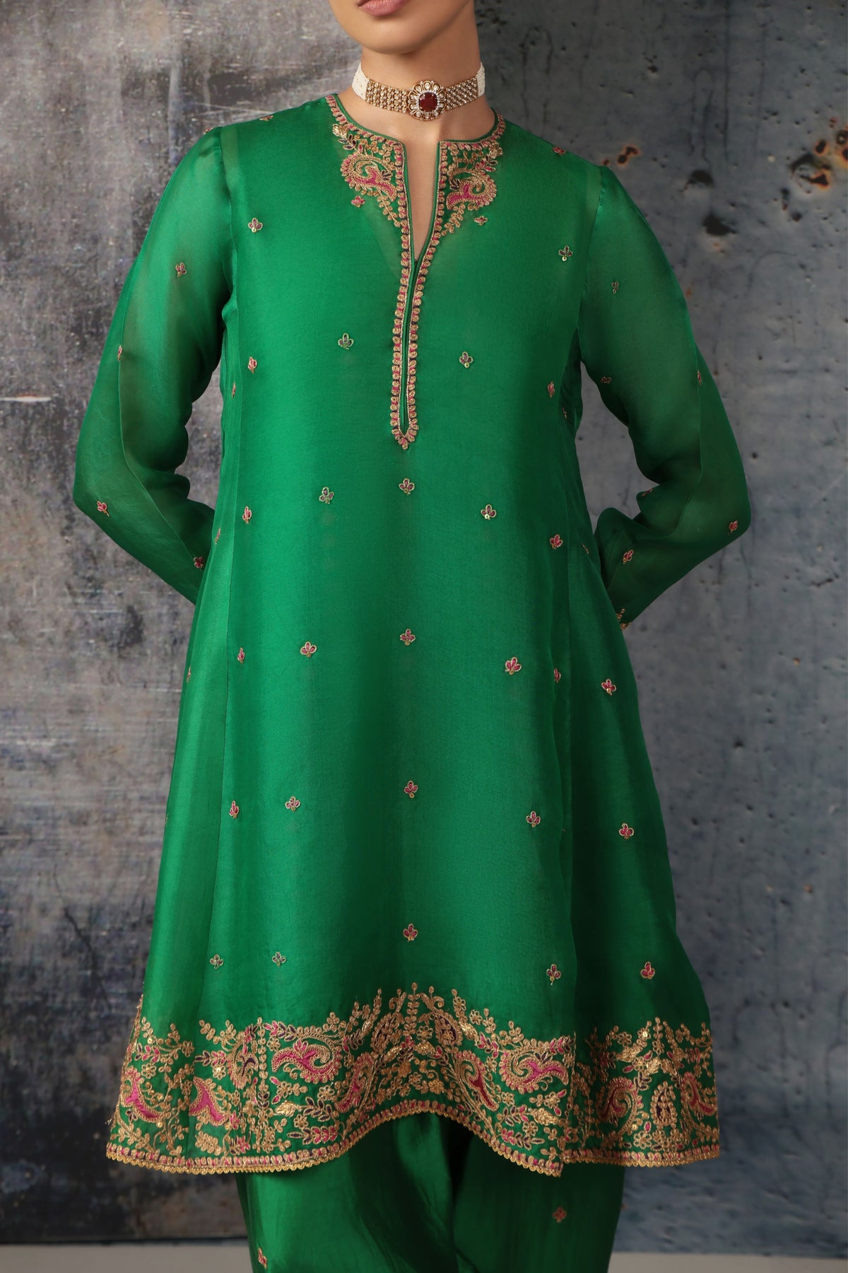 Green Short Pheran Kurta Set
