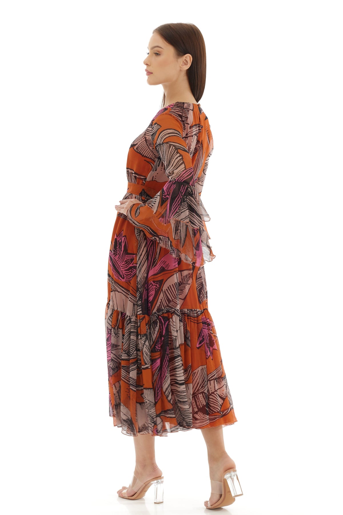 Orange and Beige Midi Dress