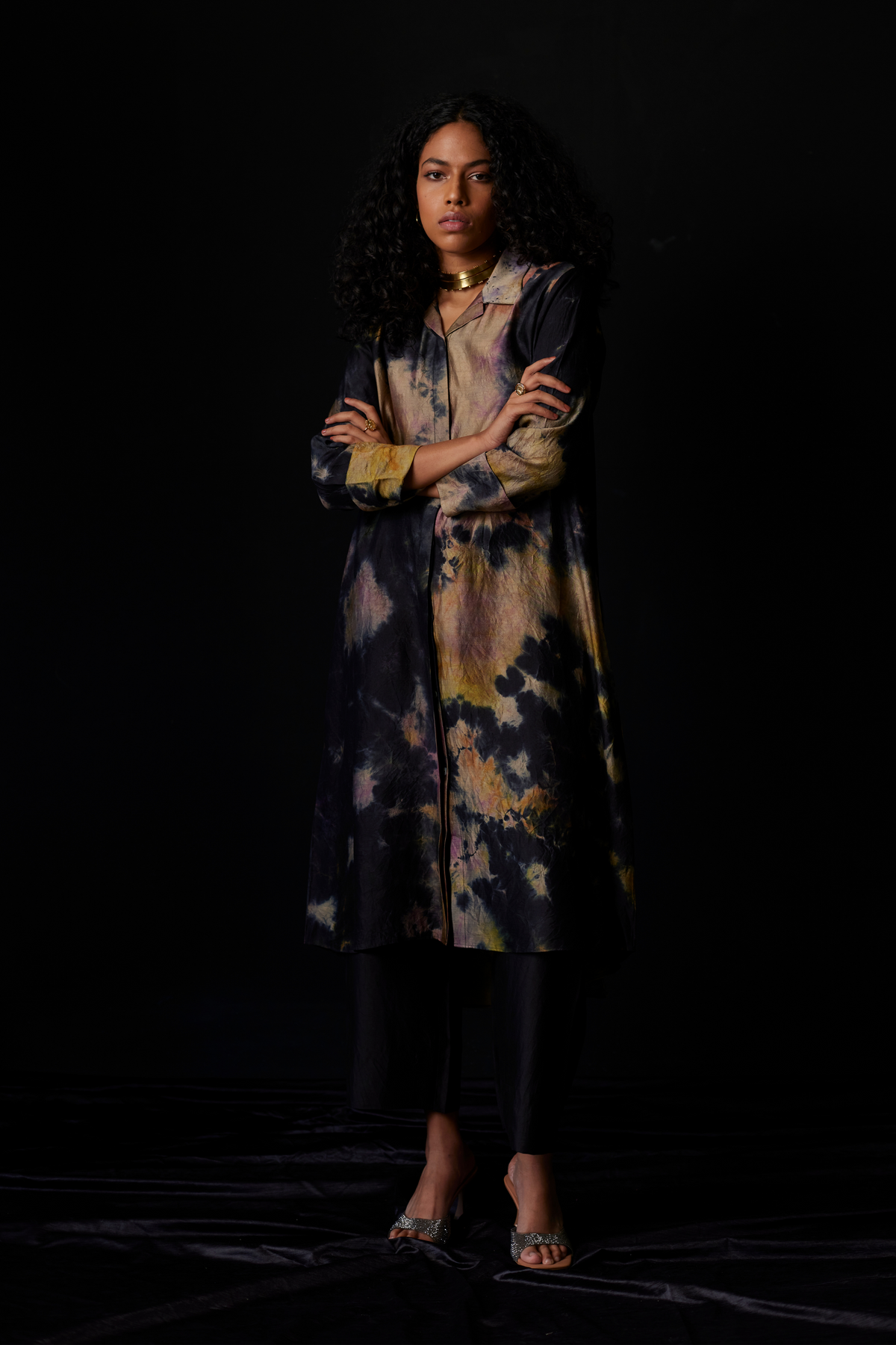 Black Tie-Dye Silk Shirt Set