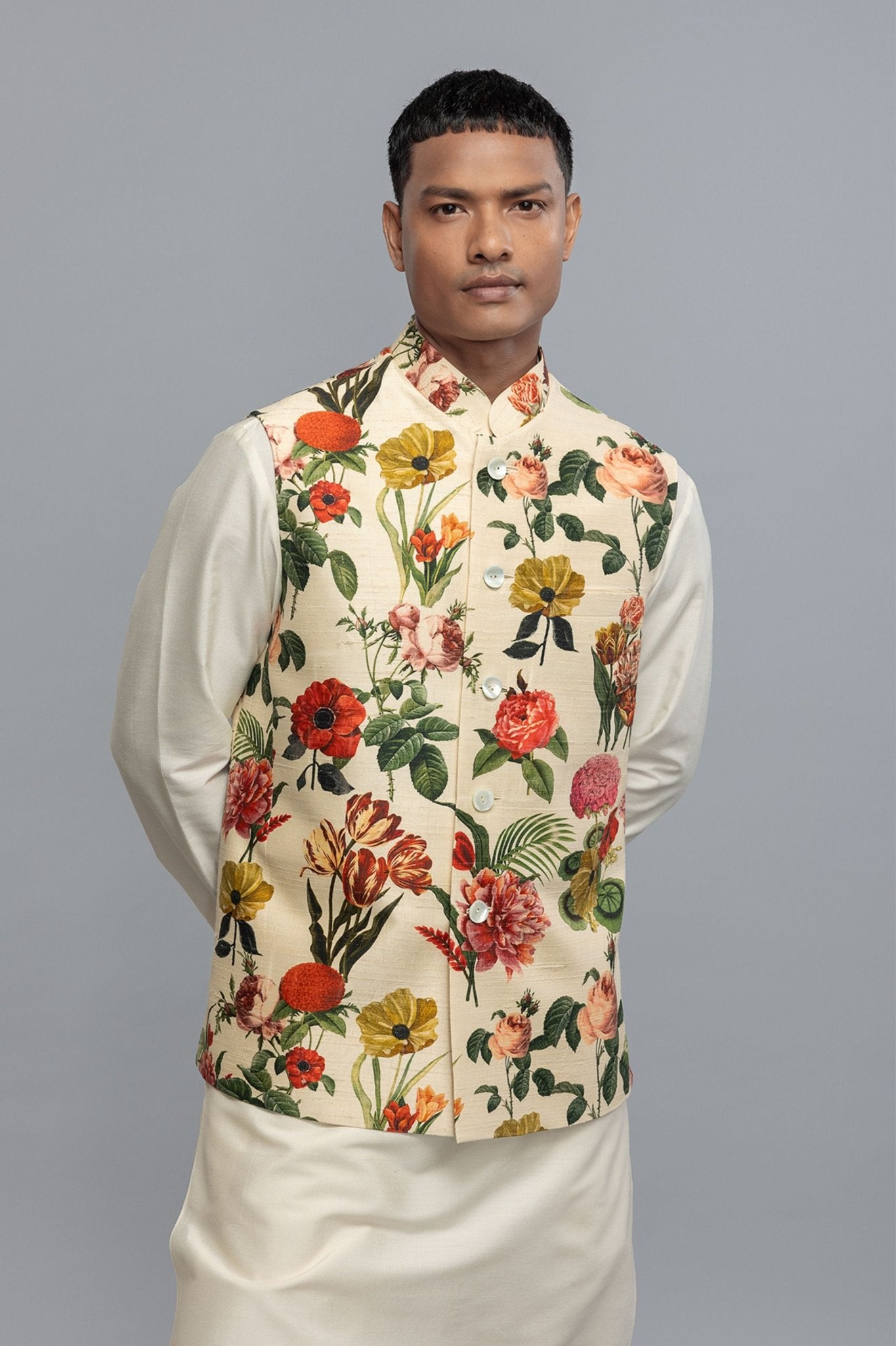 Ivory Floral Printed Bundi - Rohit Bal Menswear - Elahe