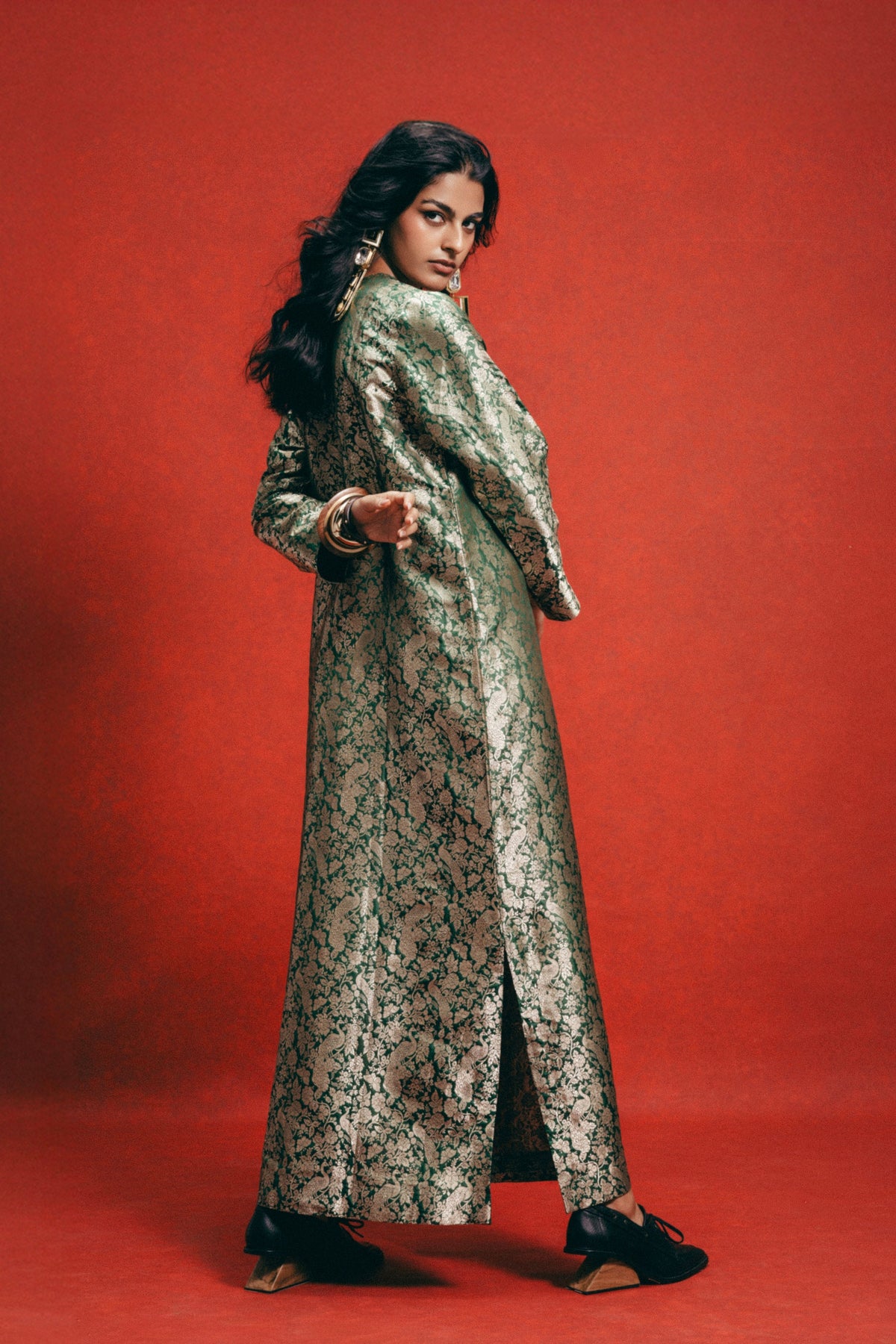 Handwoven Sage Green Banarasi Kaftan