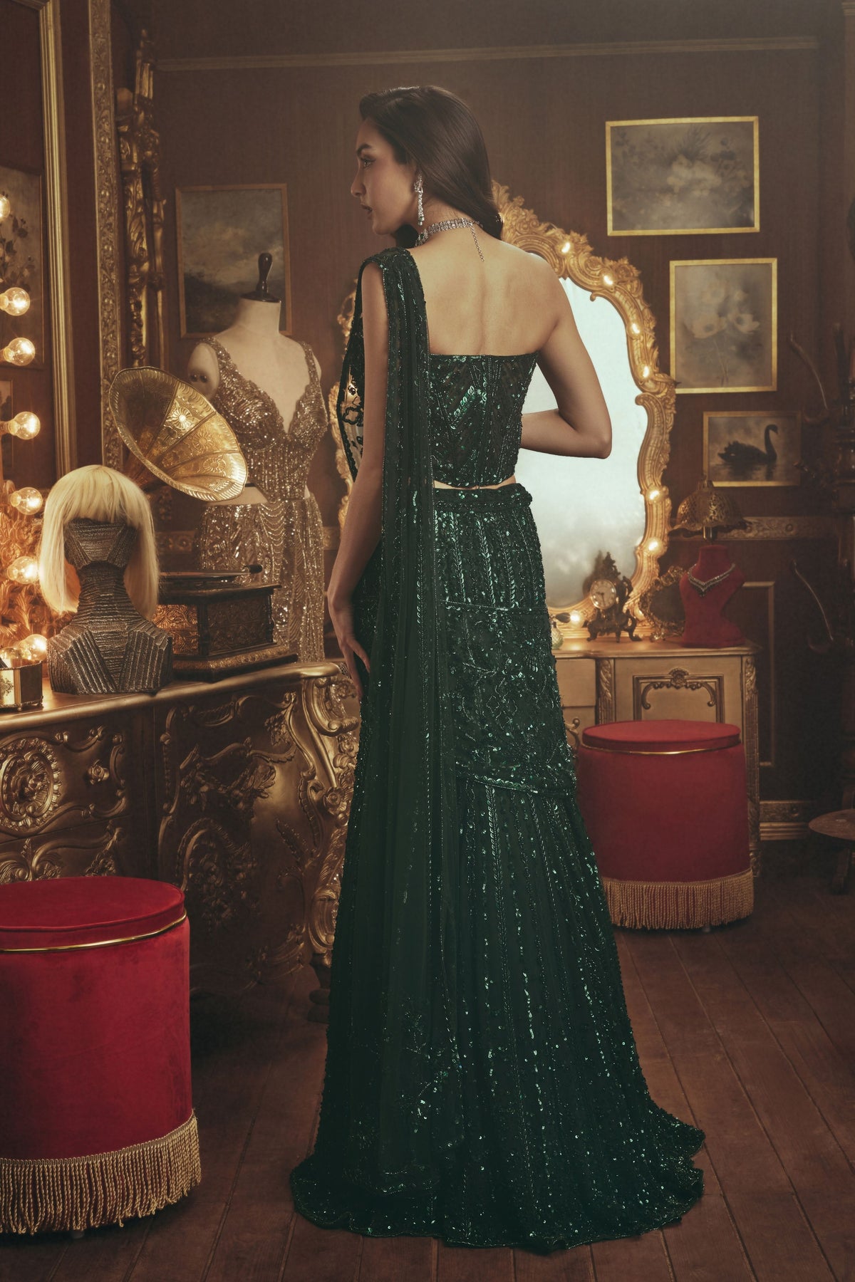 Helena Emerald Draped Saree Set