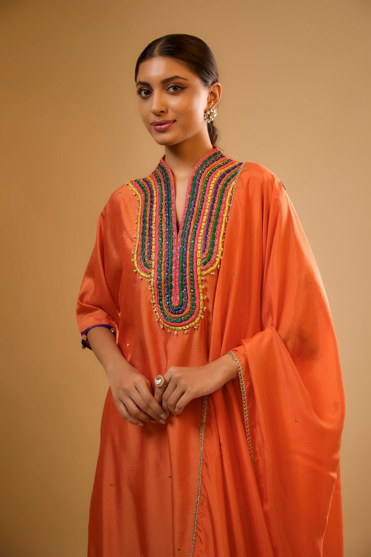 Dori Yoke Orange Kurta Set