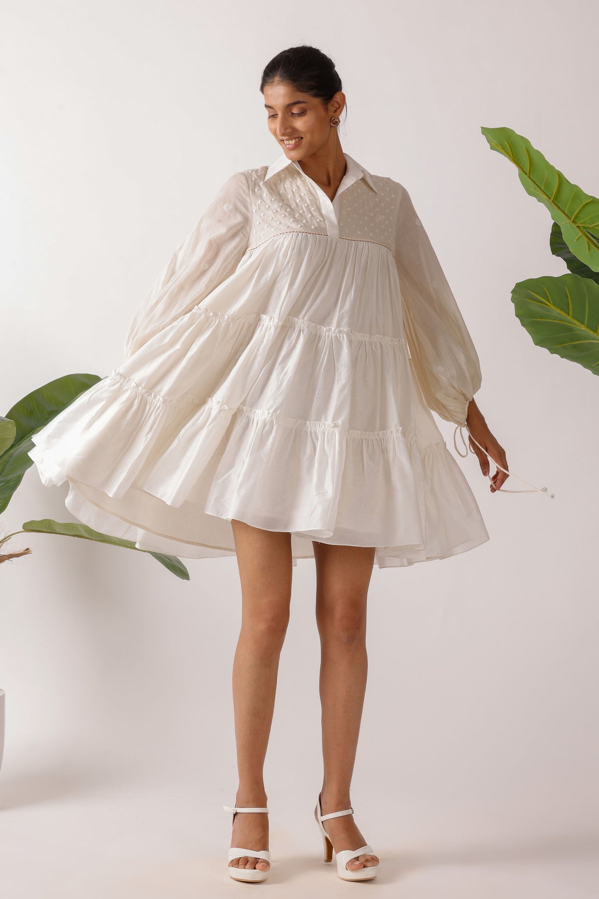Jaamdani Embroidered Balloon Sleeves Dress