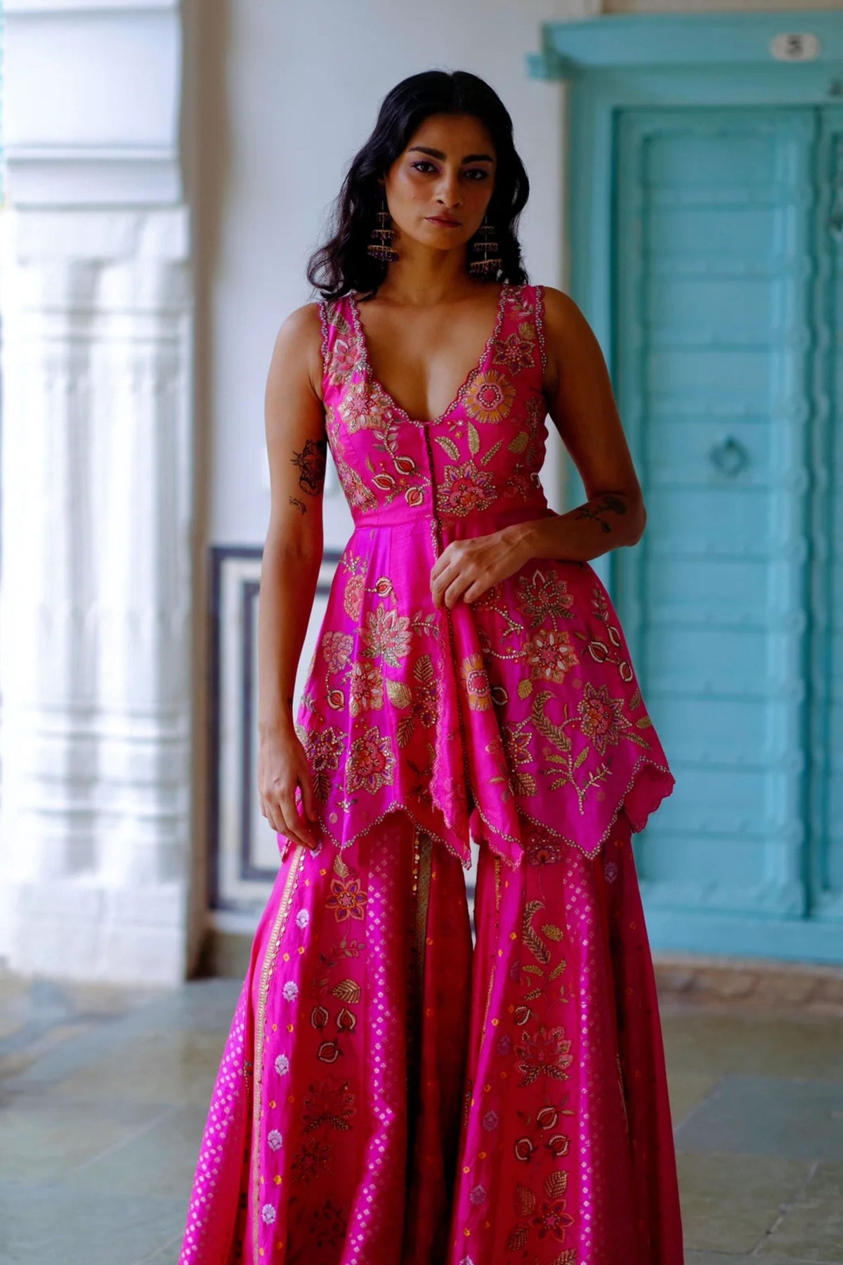 Fuchsia Peplum Sharara Set