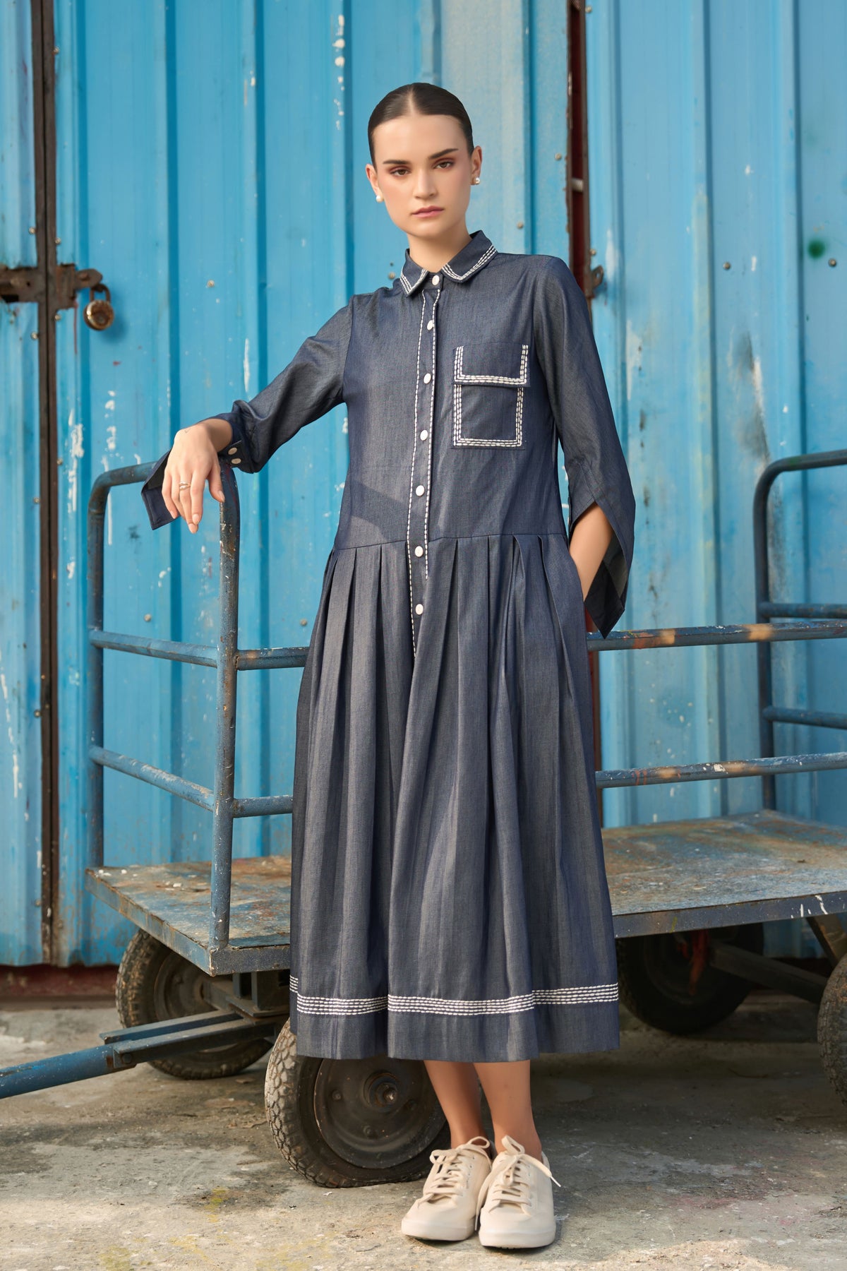 Blue Button Down Midi Dress