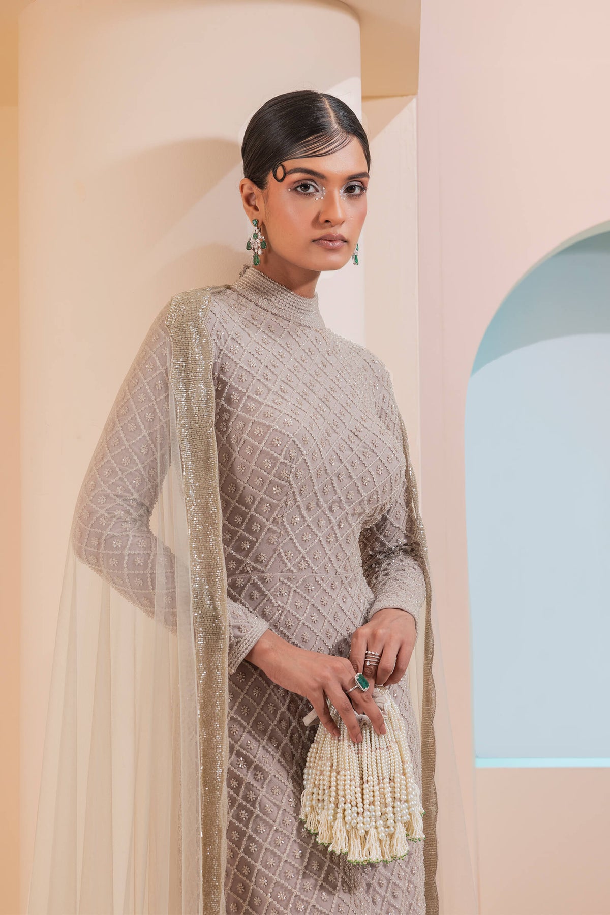 Grid Work Churidar Set