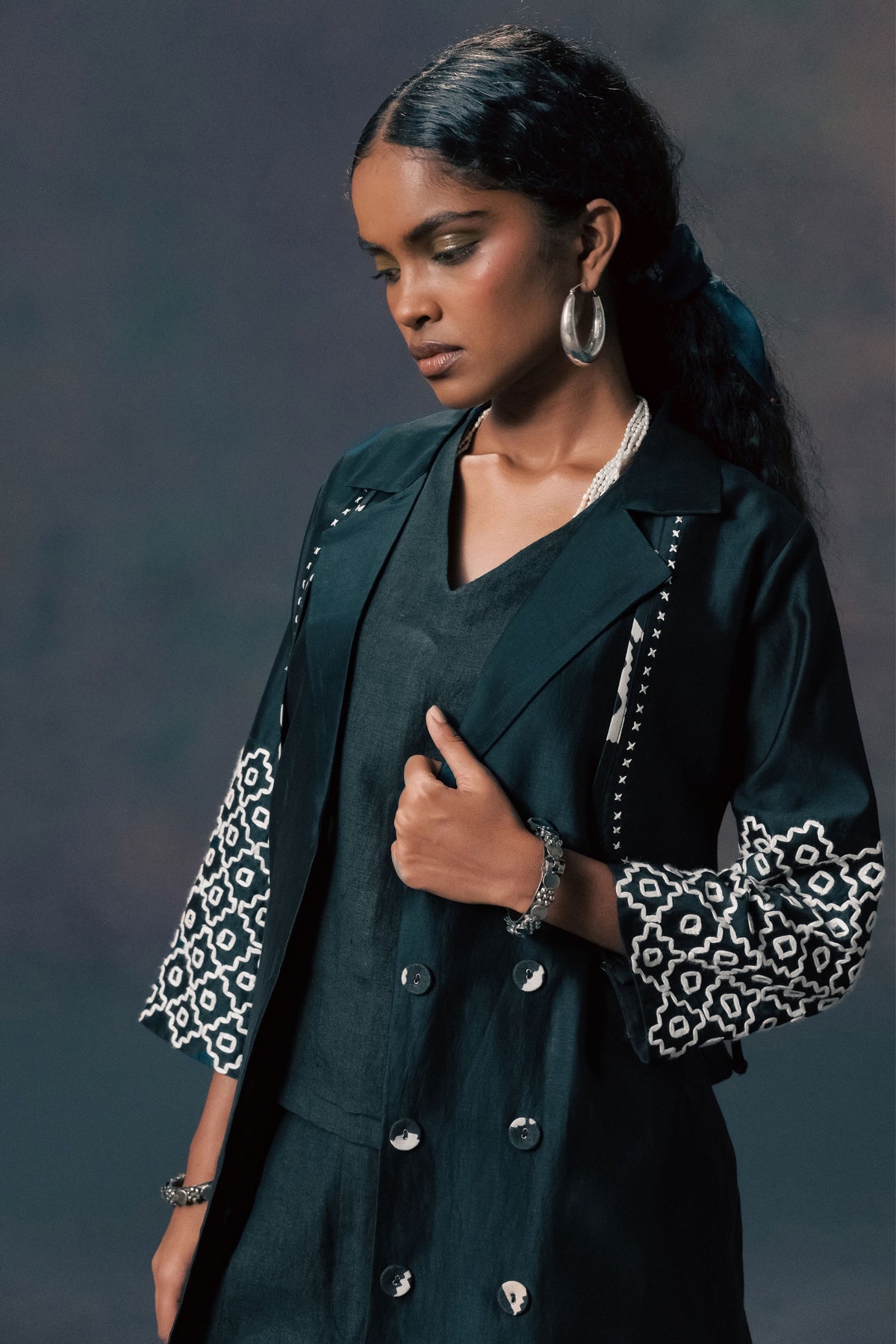 Indigo Printed Jacket Set