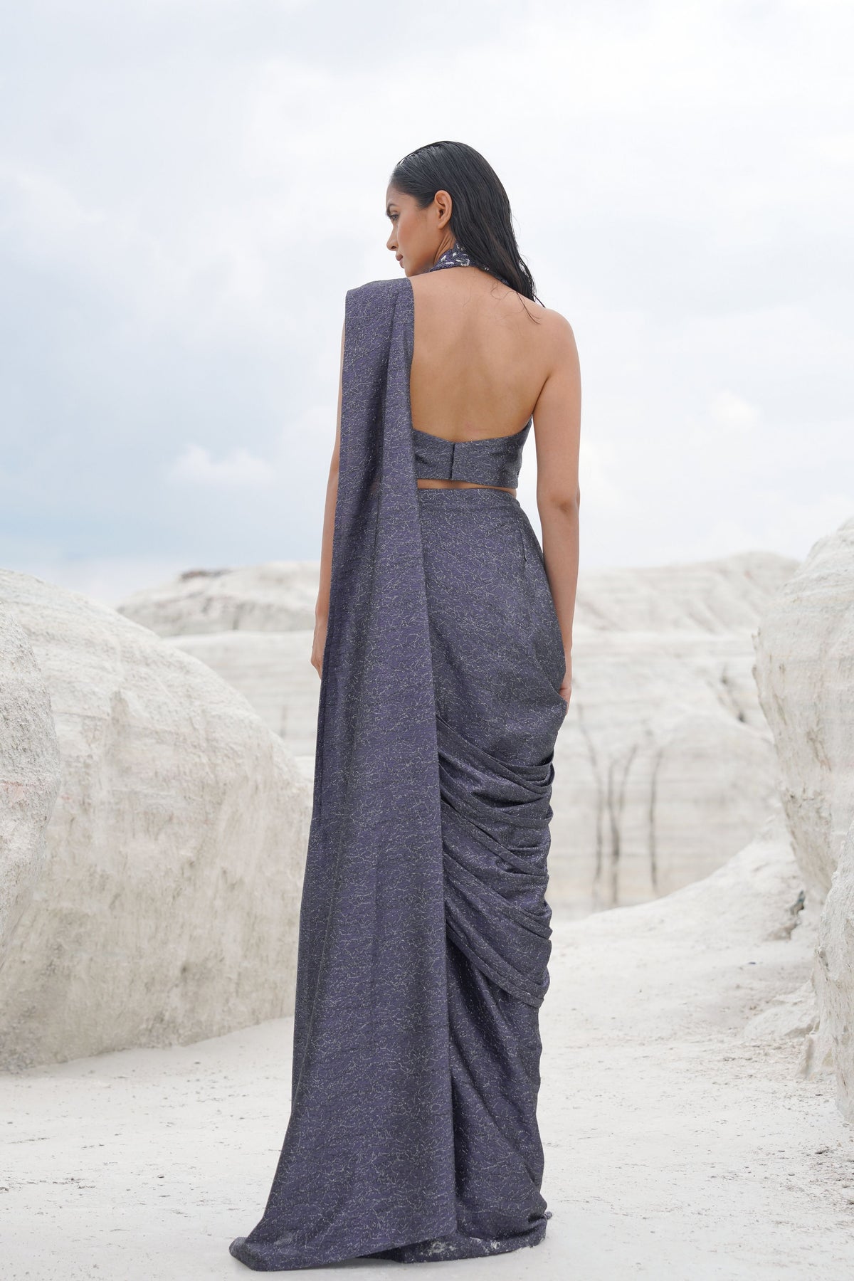 Blue Embroidered Draped Saree Set