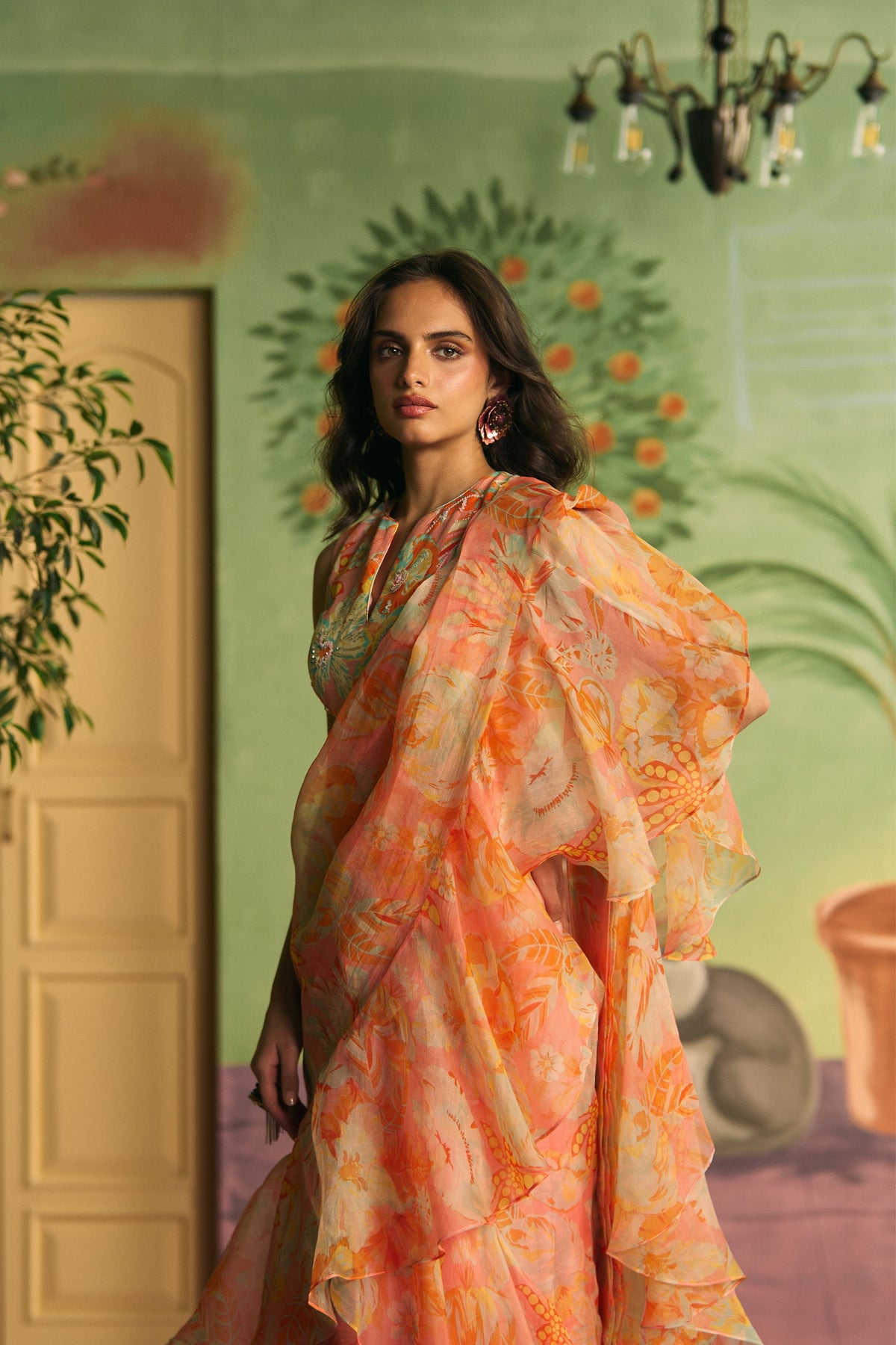 Peach Ruffle Draped Saree Set