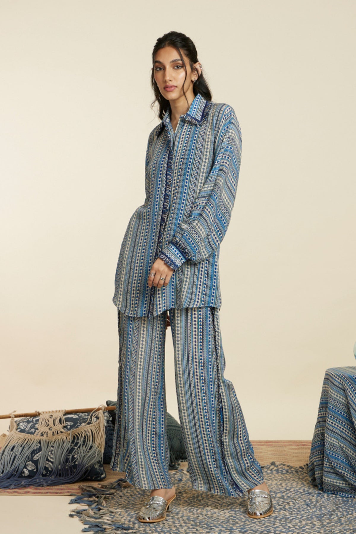 Blue Boho Stripe Oversized Co-ord Set