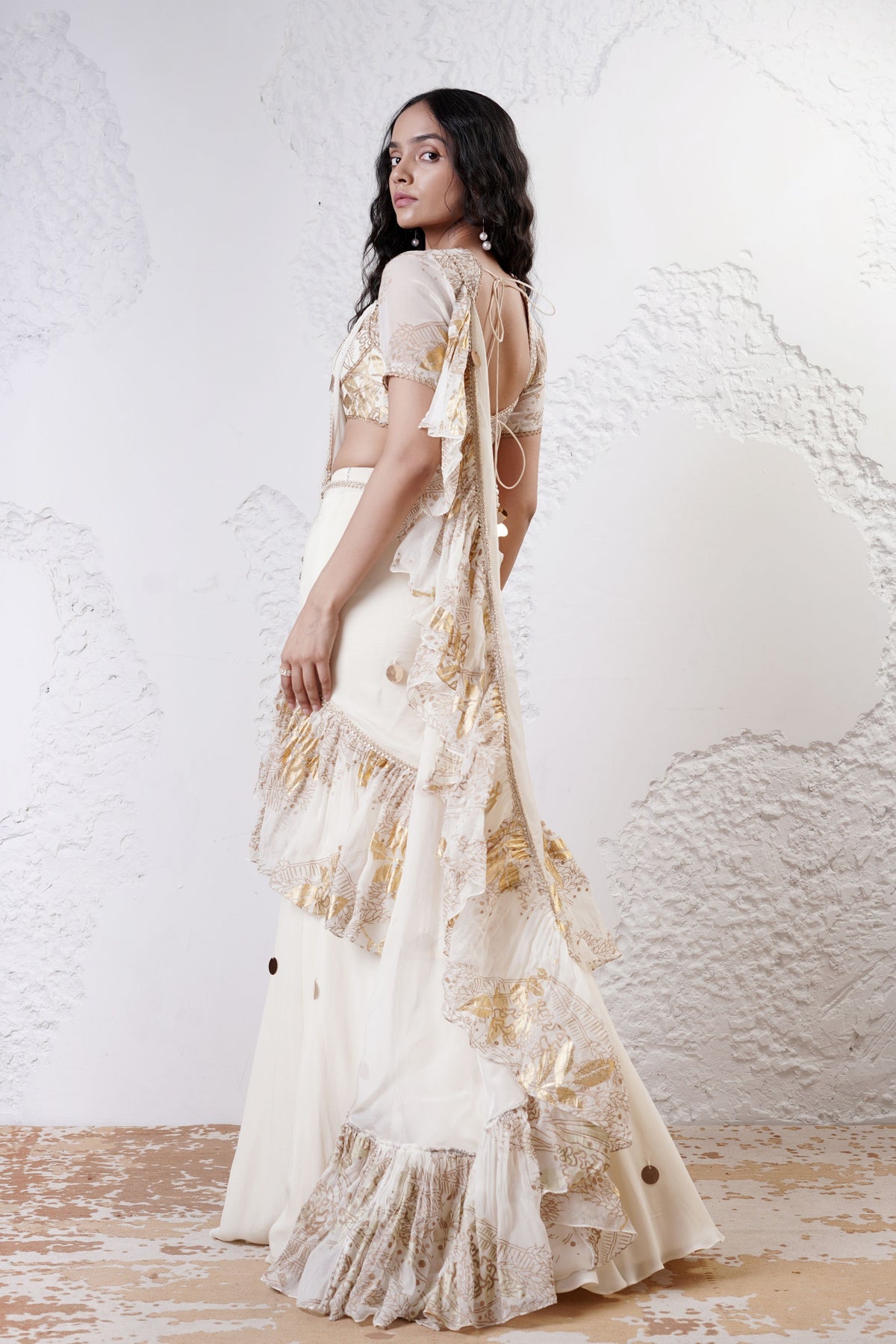 Ivory Ruffled Draped Saree Set