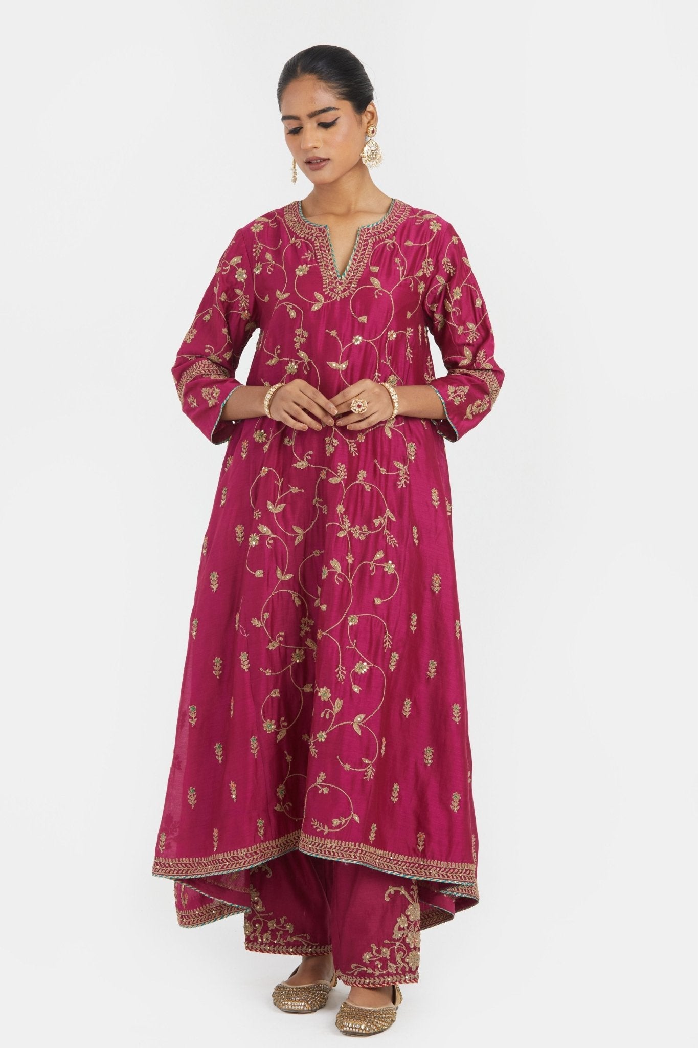 Deep Fuchsia Chanderi Kurta Set - Kora - Elahe