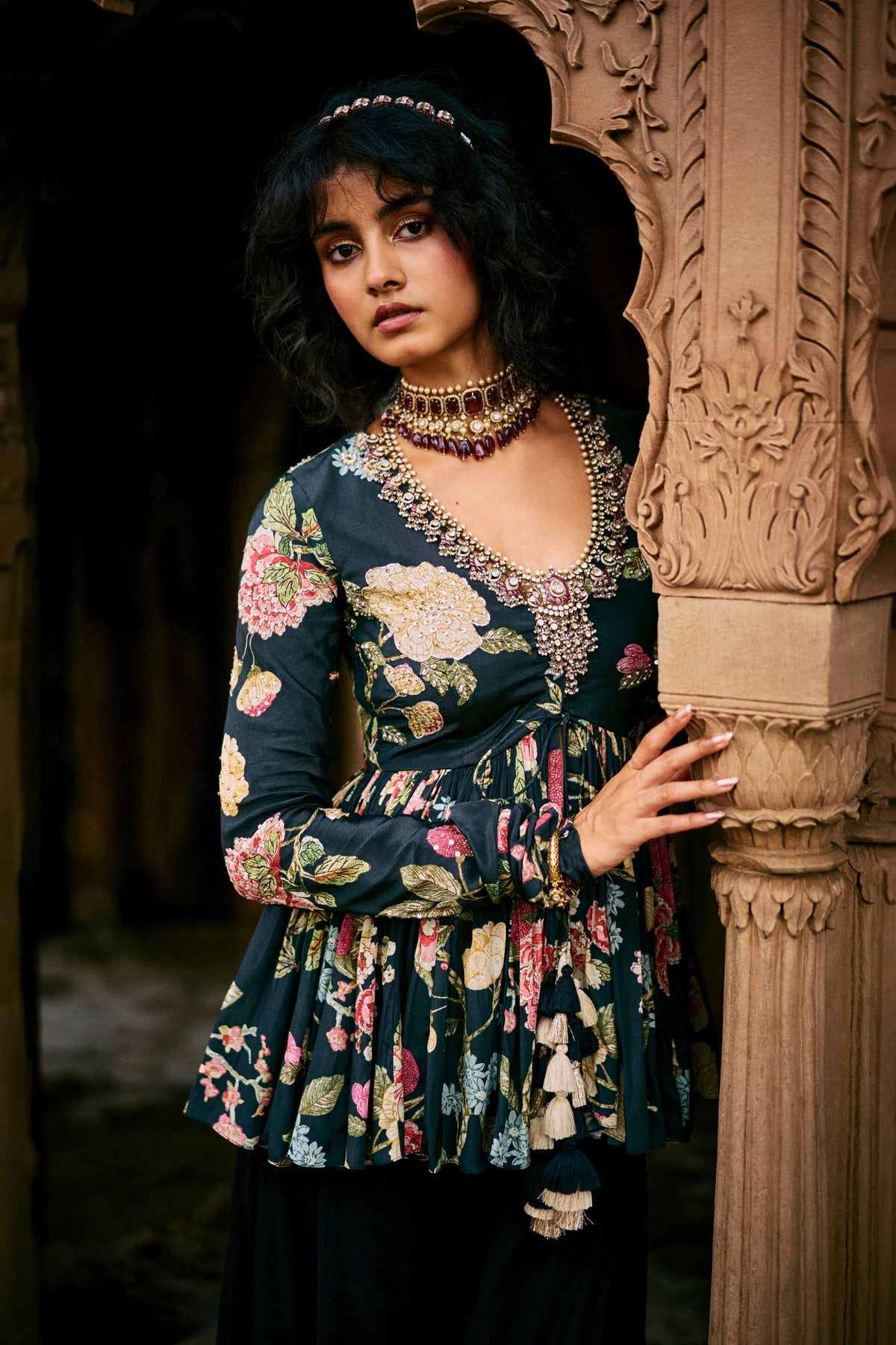 Black Floral Printed Peplum Set