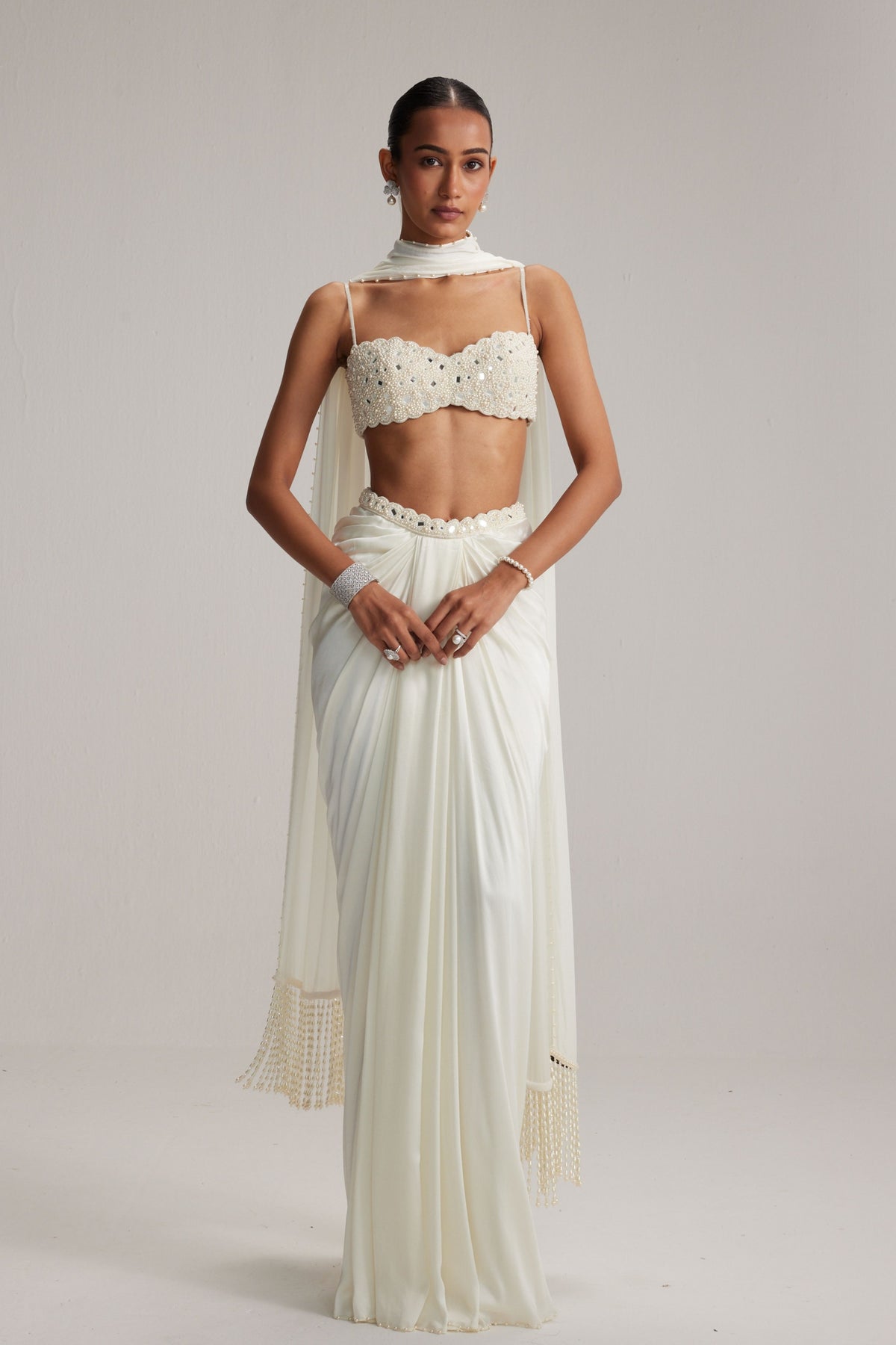 Off White Satin Draped Skirt Set