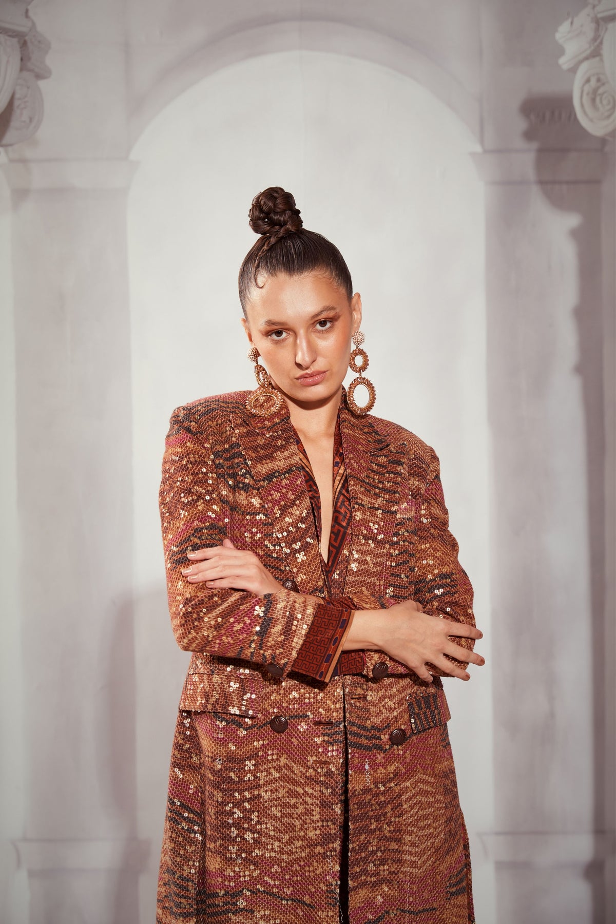 Tangerine Byzantine Print Trench Coat