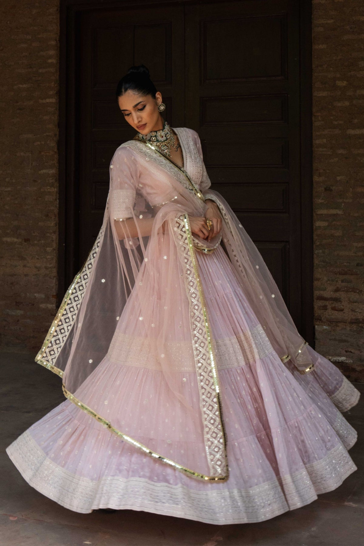 Onion Pink Big Border Lehenga Set