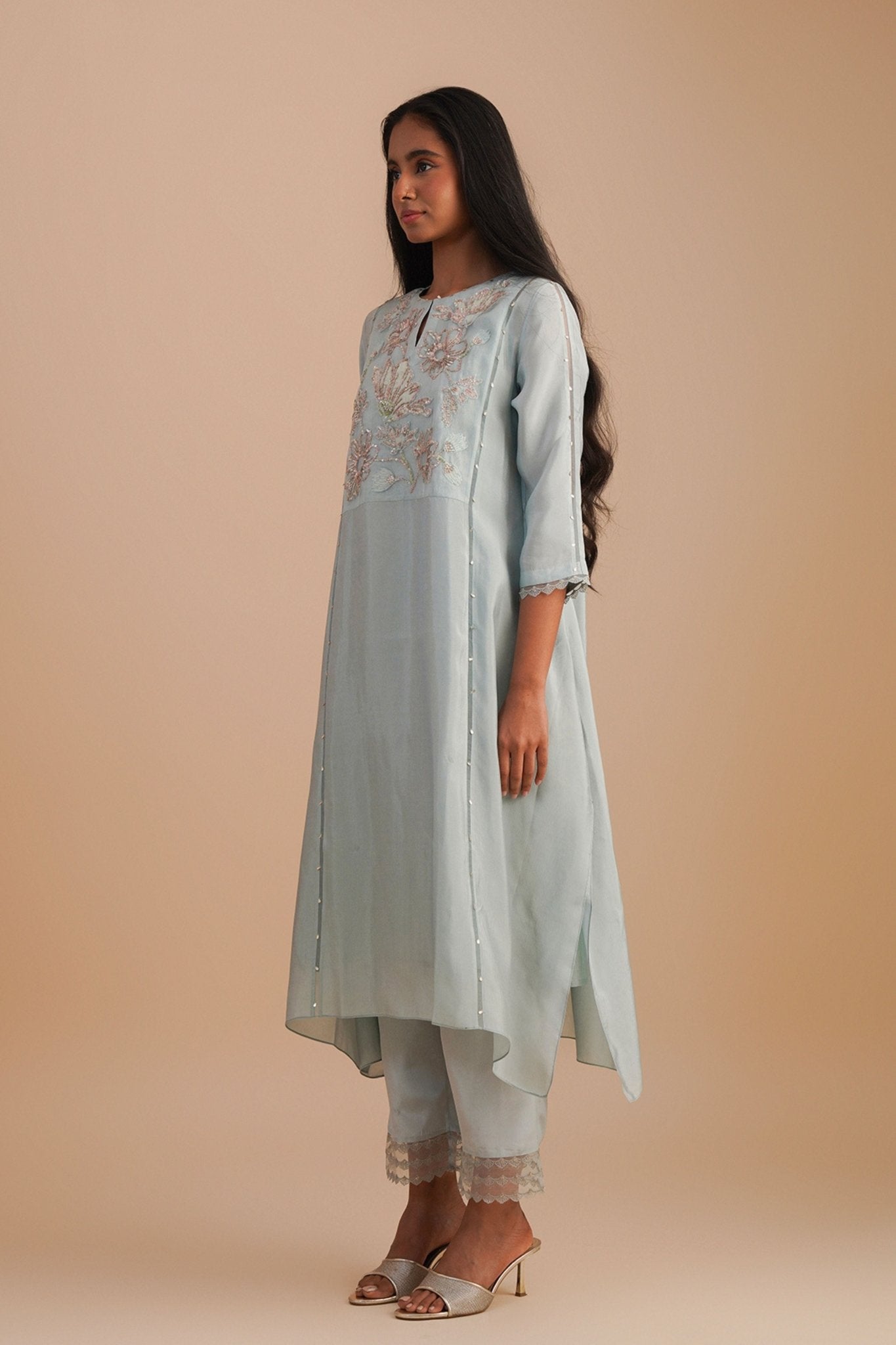 Powder Blue Applique Kurta Set - One Not Two - Elahe