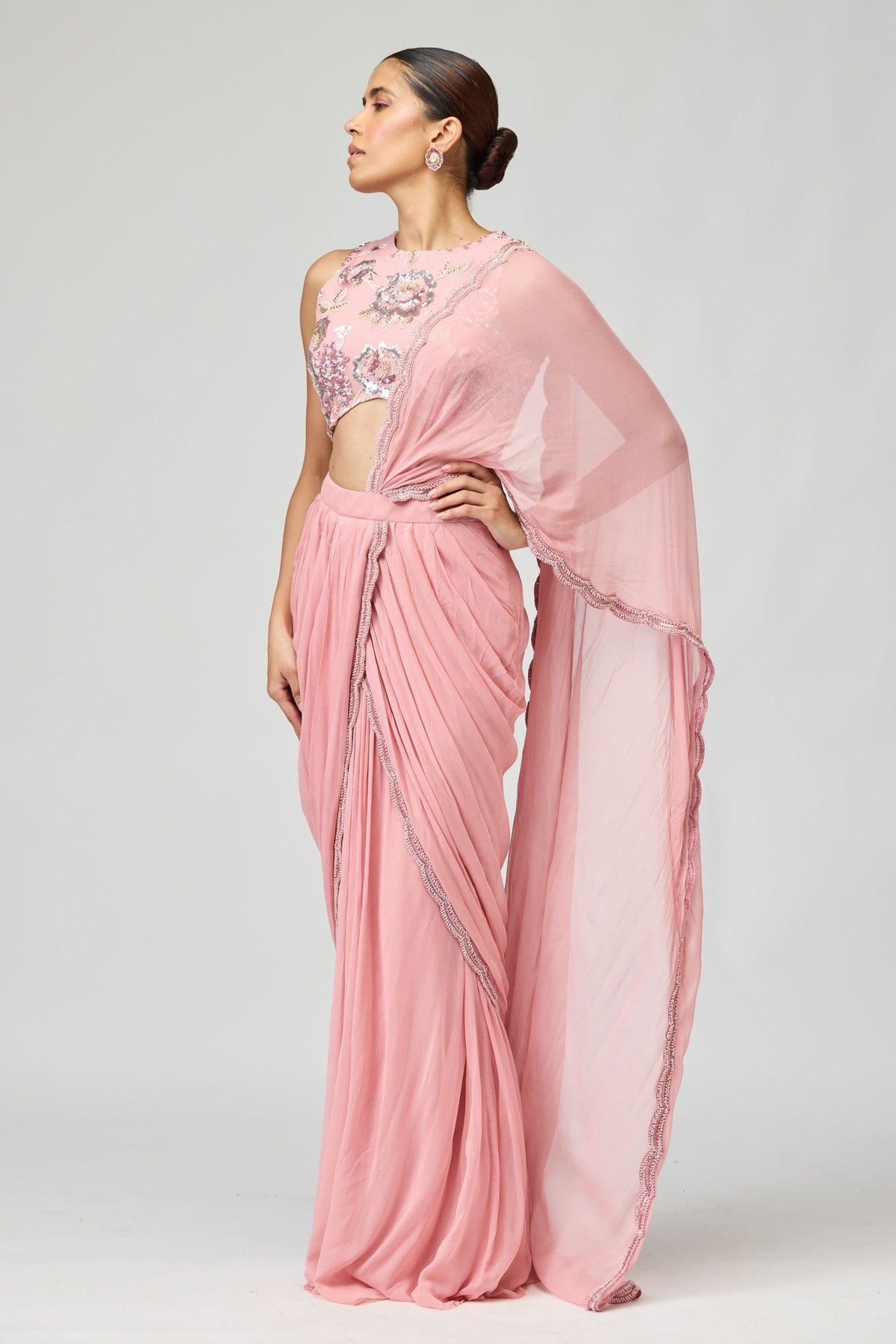 Light Pink Silk Chiffon Saree Set