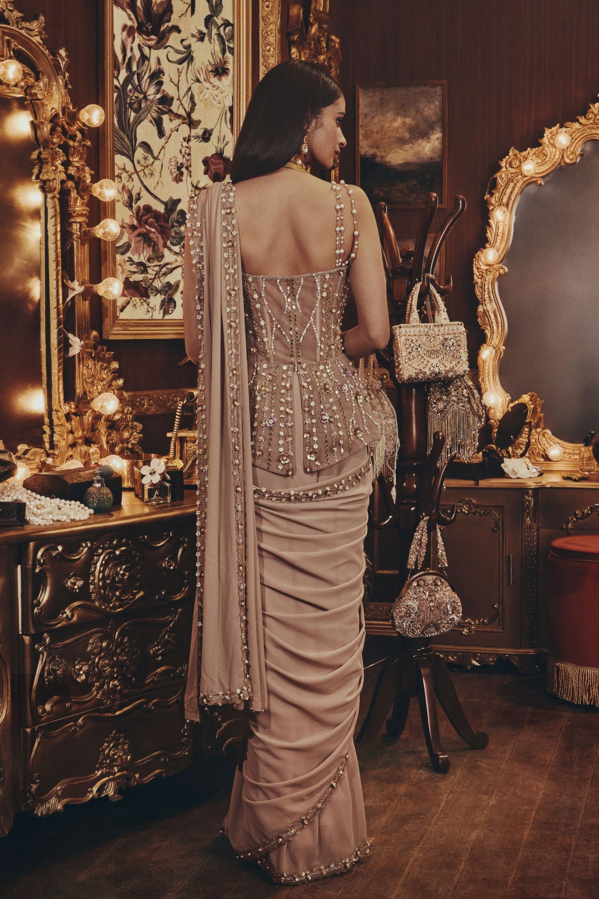 Mae Taupe Draped Saree Set