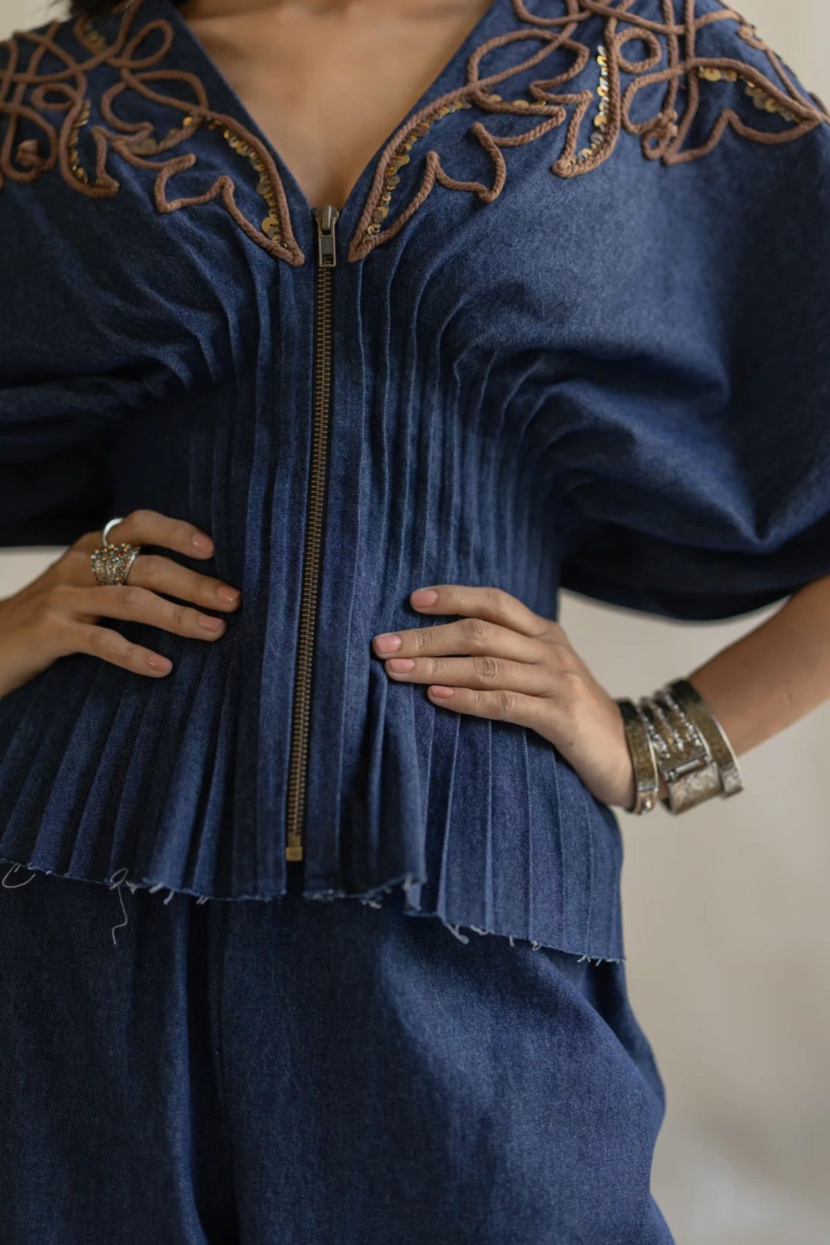 Dark Blue Wasit Pleated Top
