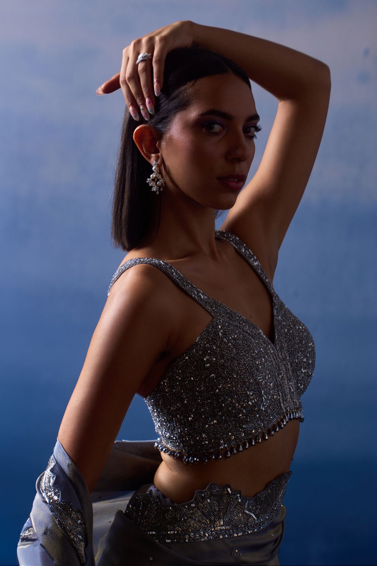 Metallic Grey Saree Set