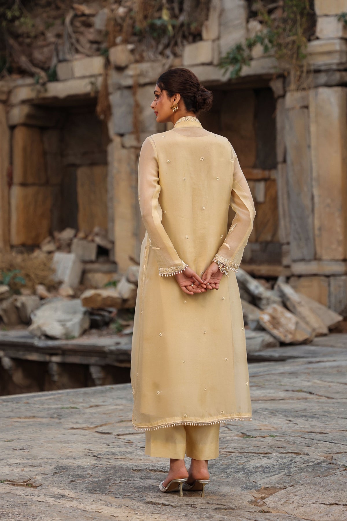 Vaayu Beige Heavy Jacket Kurta Set