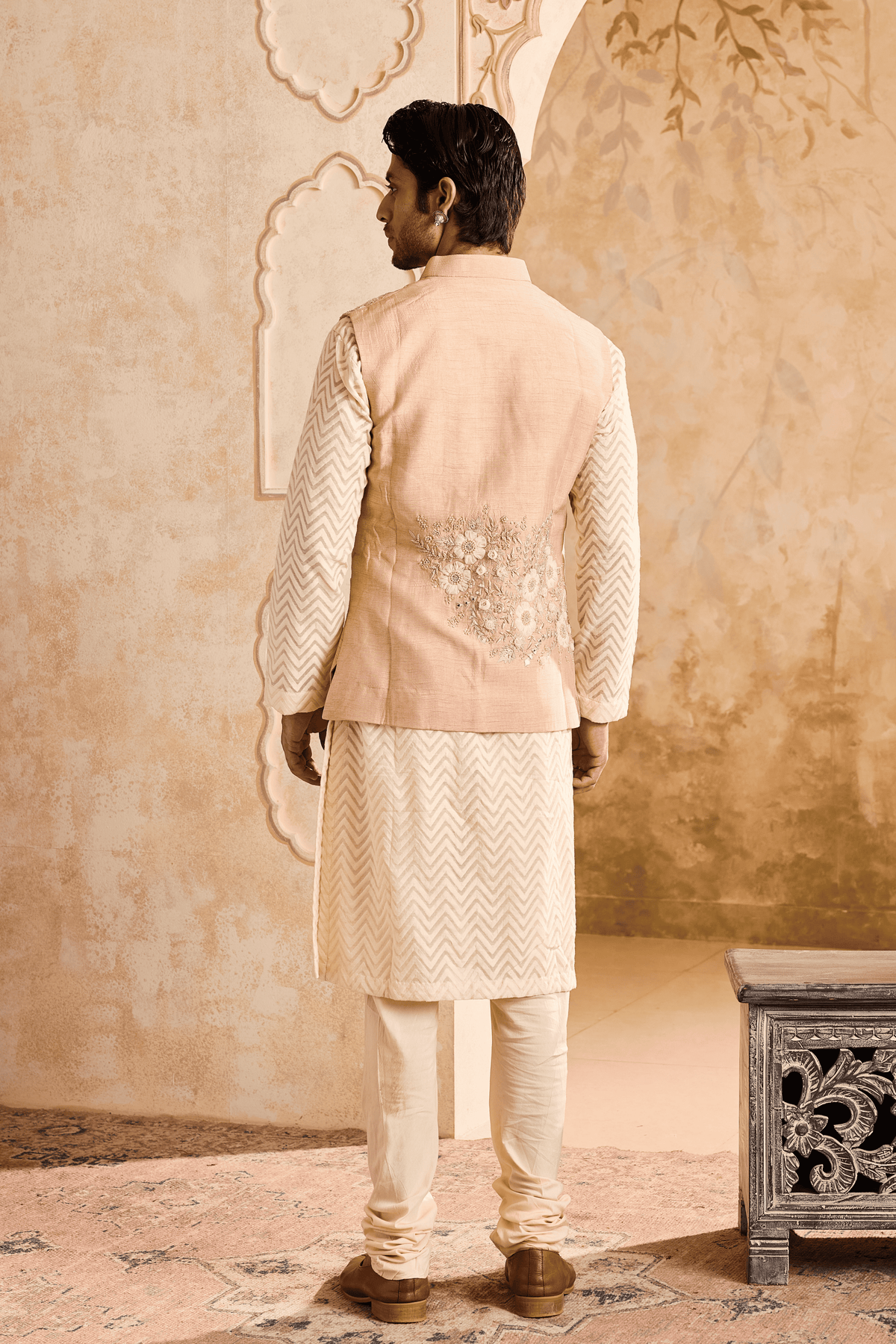Beige Floral Bundi Jacket Kurta Set