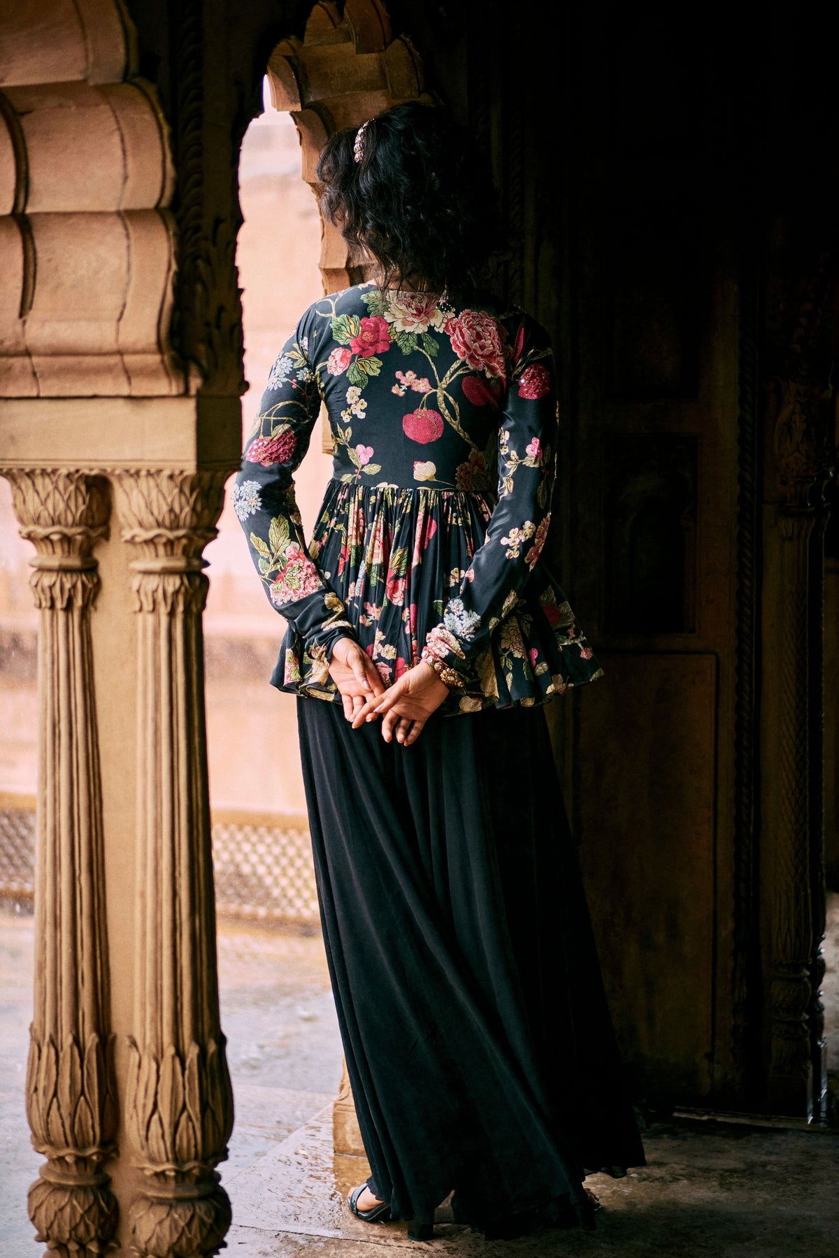 Black Floral Printed Peplum Set