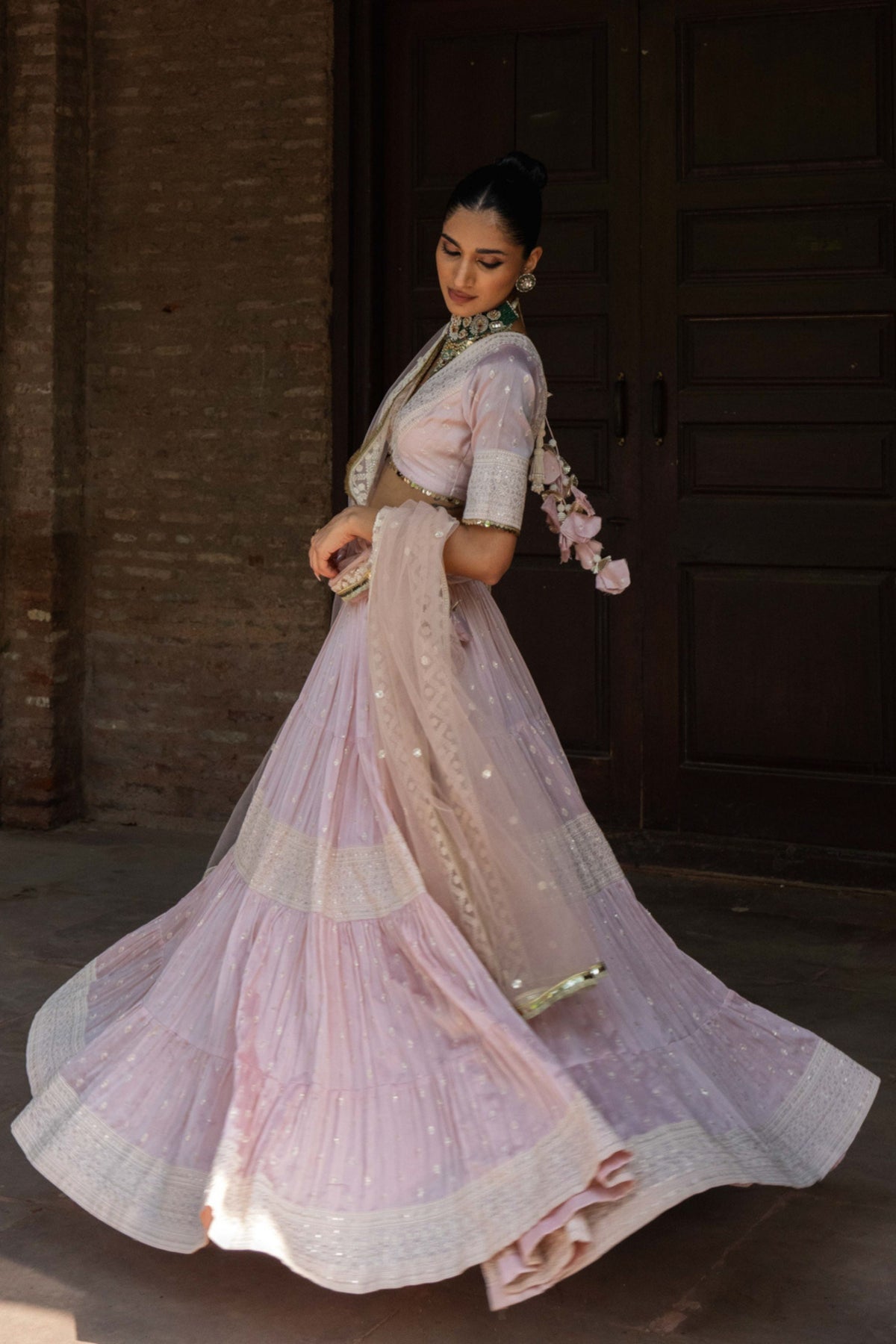 Onion Pink Big Border Lehenga Set