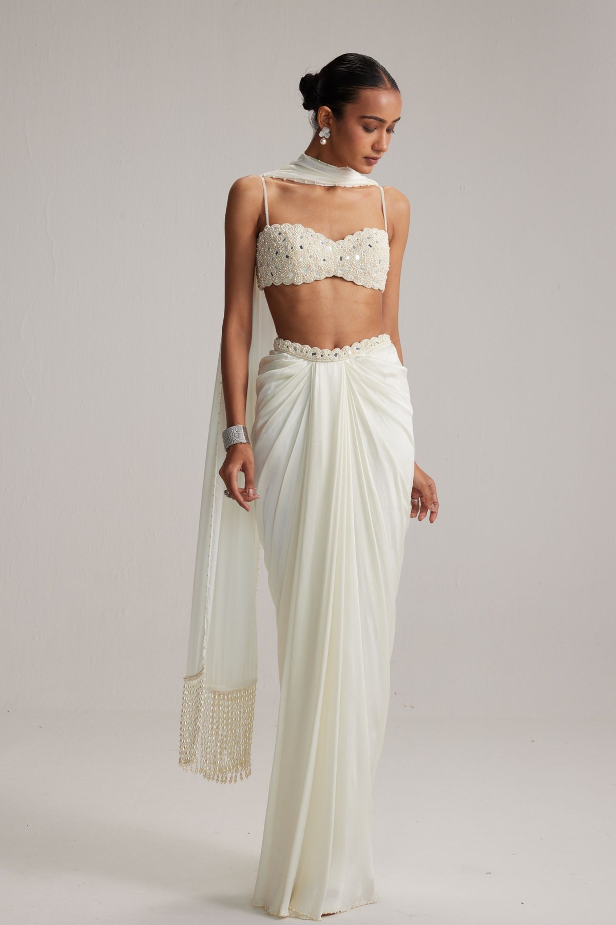 Off White Satin Draped Skirt Set
