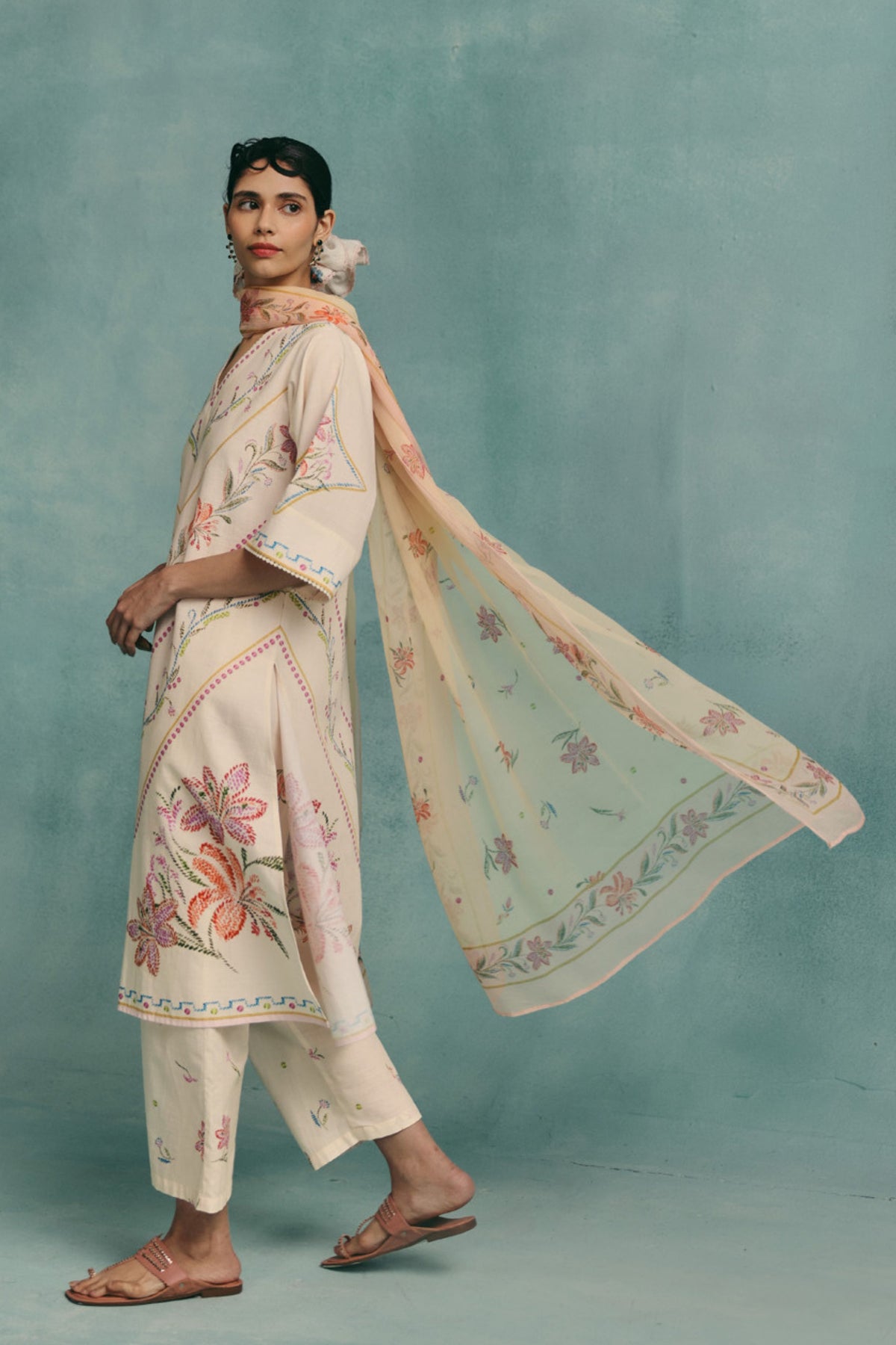 Ecru Hibiscus Kurta Set