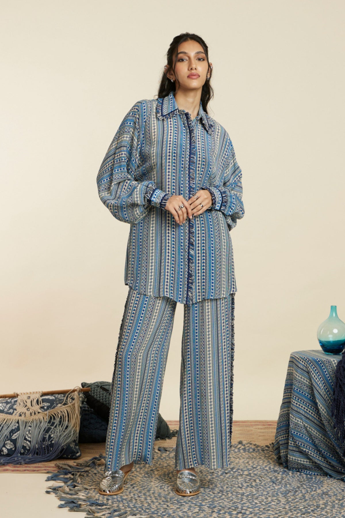 Blue Boho Stripe Oversized Co-ord Set