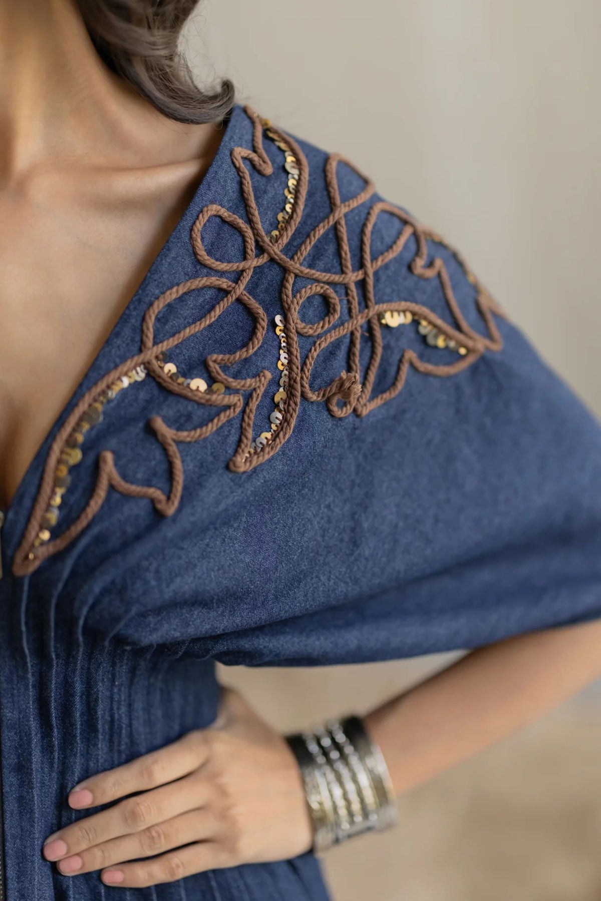 Dark Blue Wasit Pleated Top