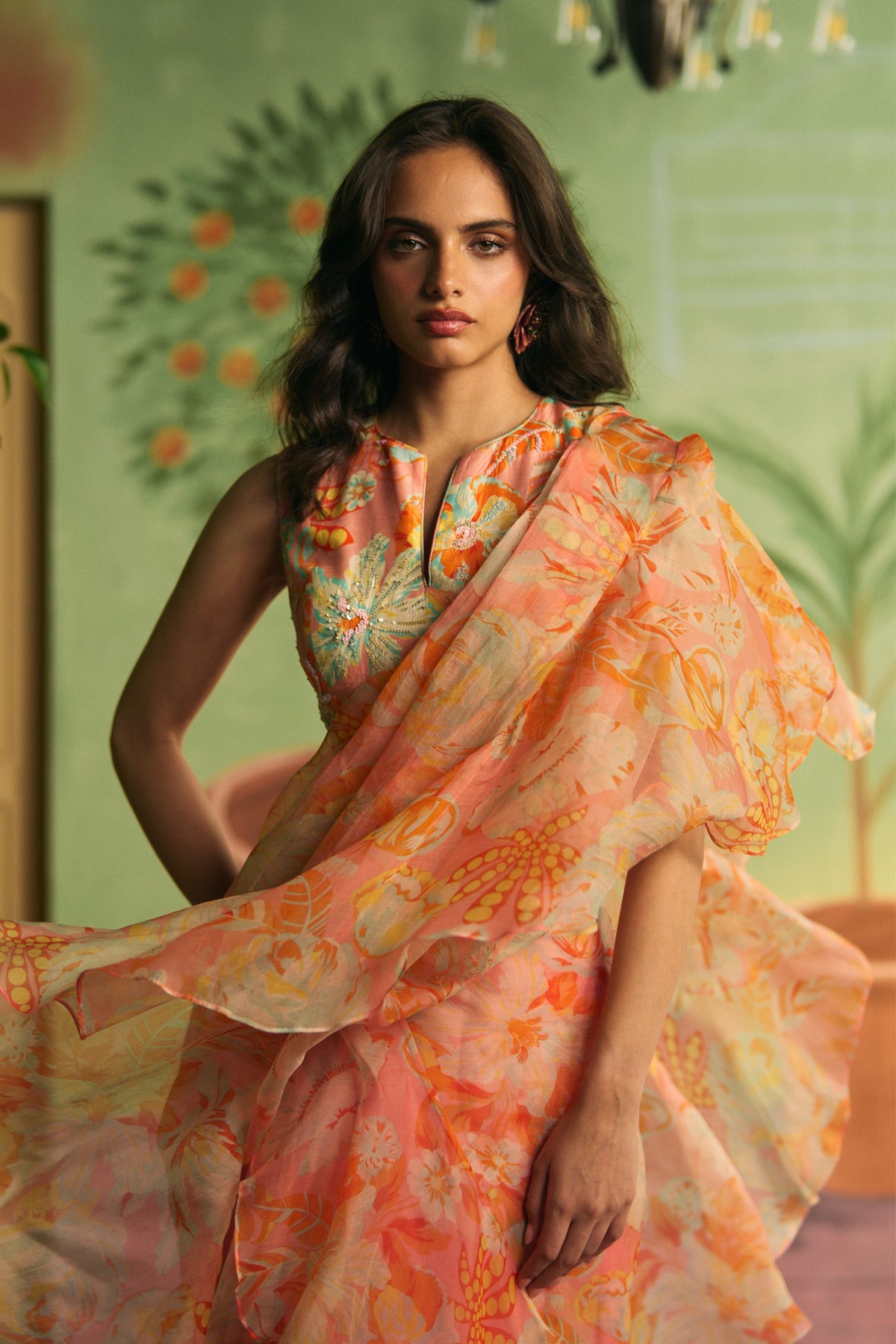 Peach Ruffle Draped Saree Set