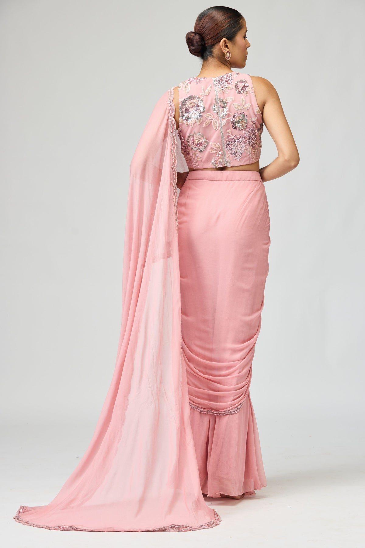 Light Pink Silk Chiffon Saree Set