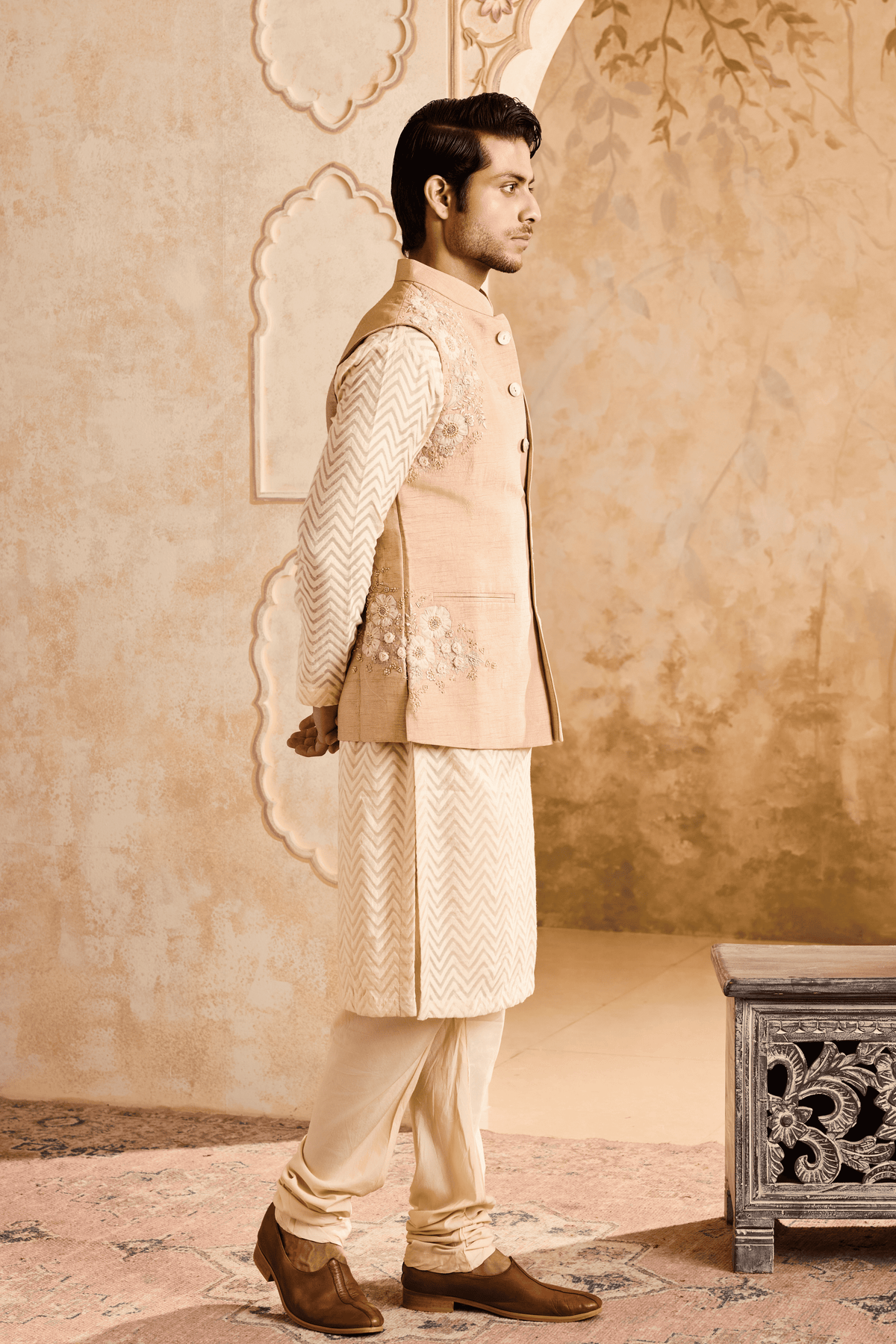 Beige Floral Bundi Jacket Kurta Set