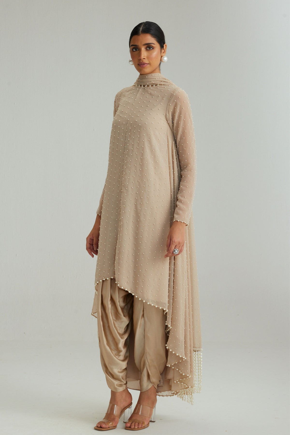 Light Beige Pearl Kurta With Stole Set