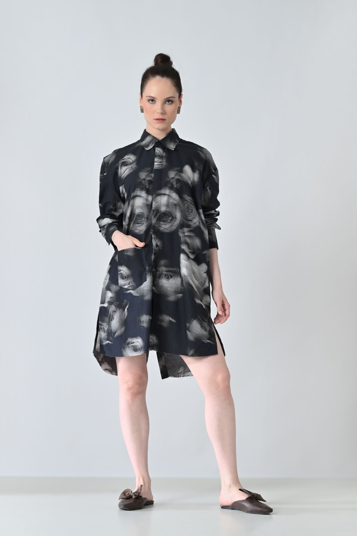 Black Blur Rose Printed Long Shirt