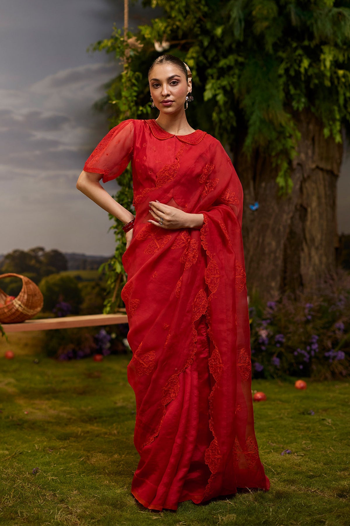 Flutter n Bloom Embroidered Red Saree