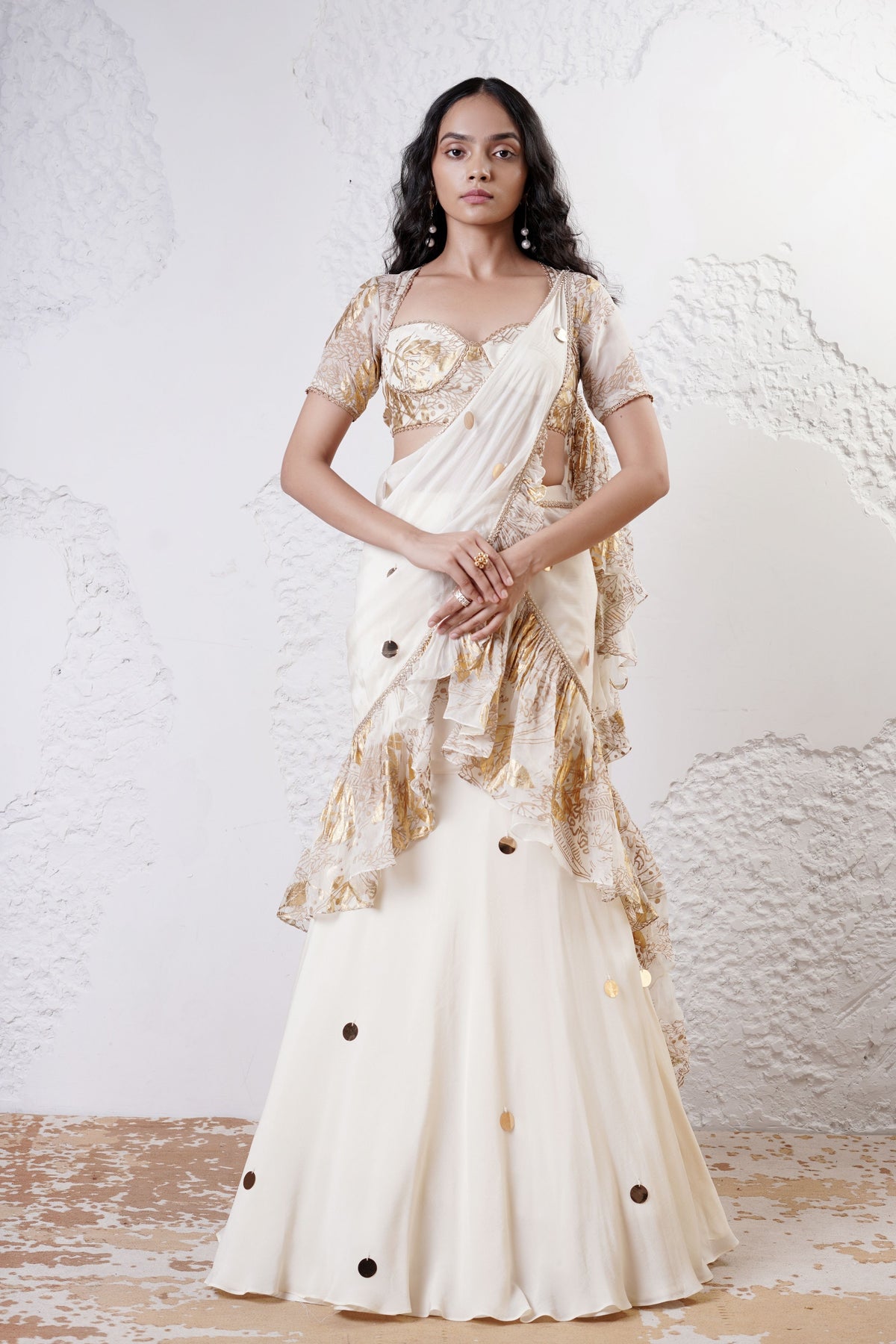 Ivory Ruffled Draped Saree Set