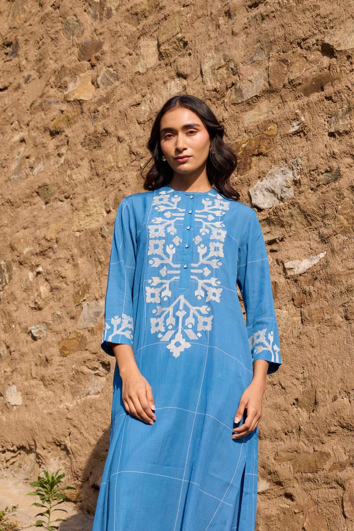 Blue Embroidered Straight Kurta