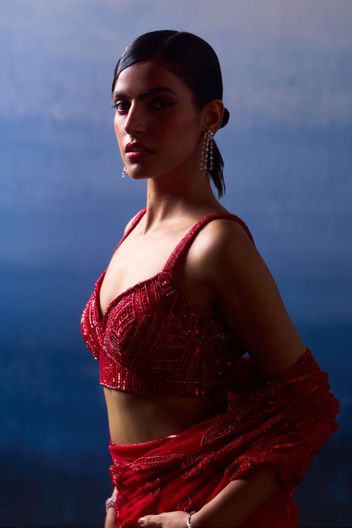 Ruby Red Net Saree Set